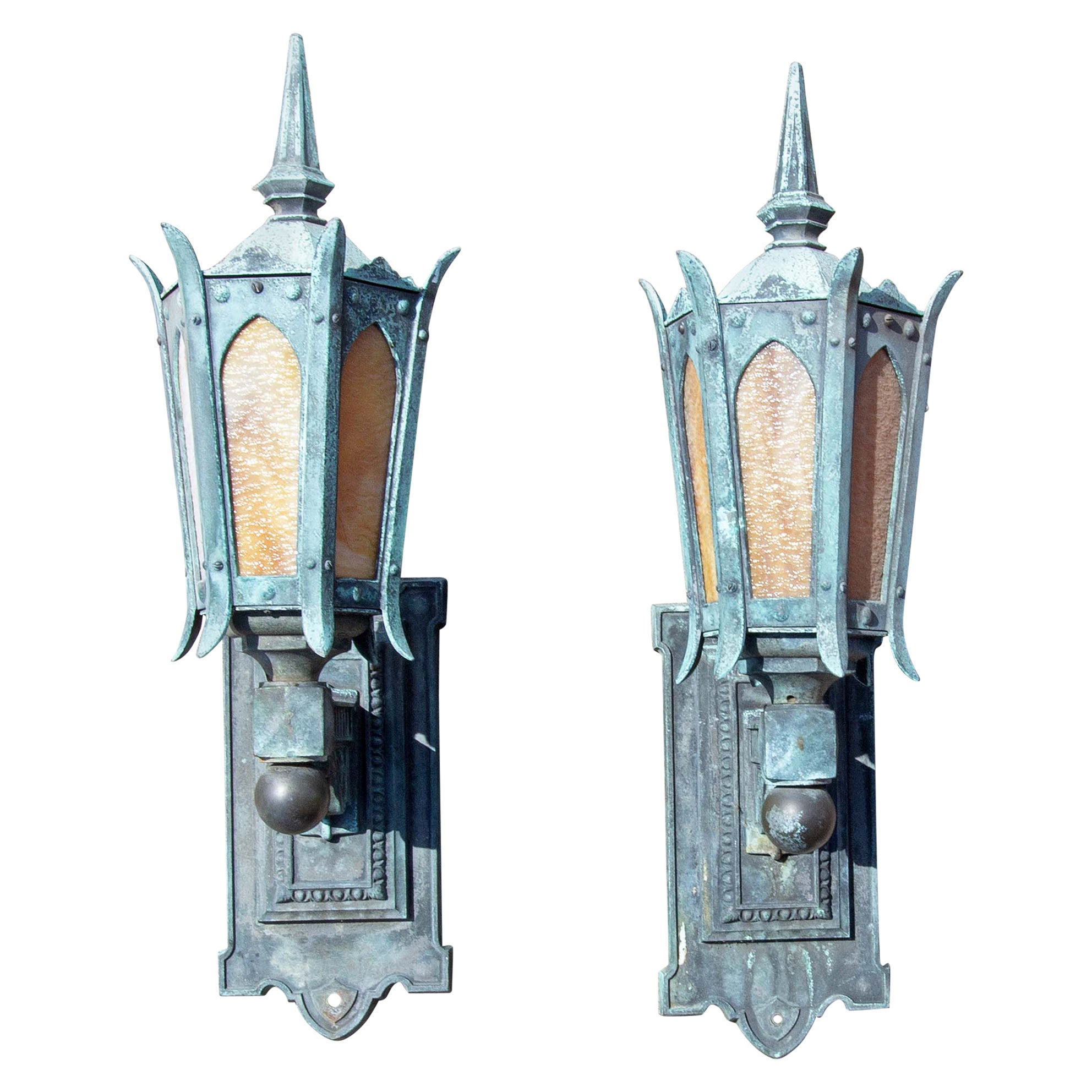 Pair Antique Bronze and Slag Glass Exterior Sconces