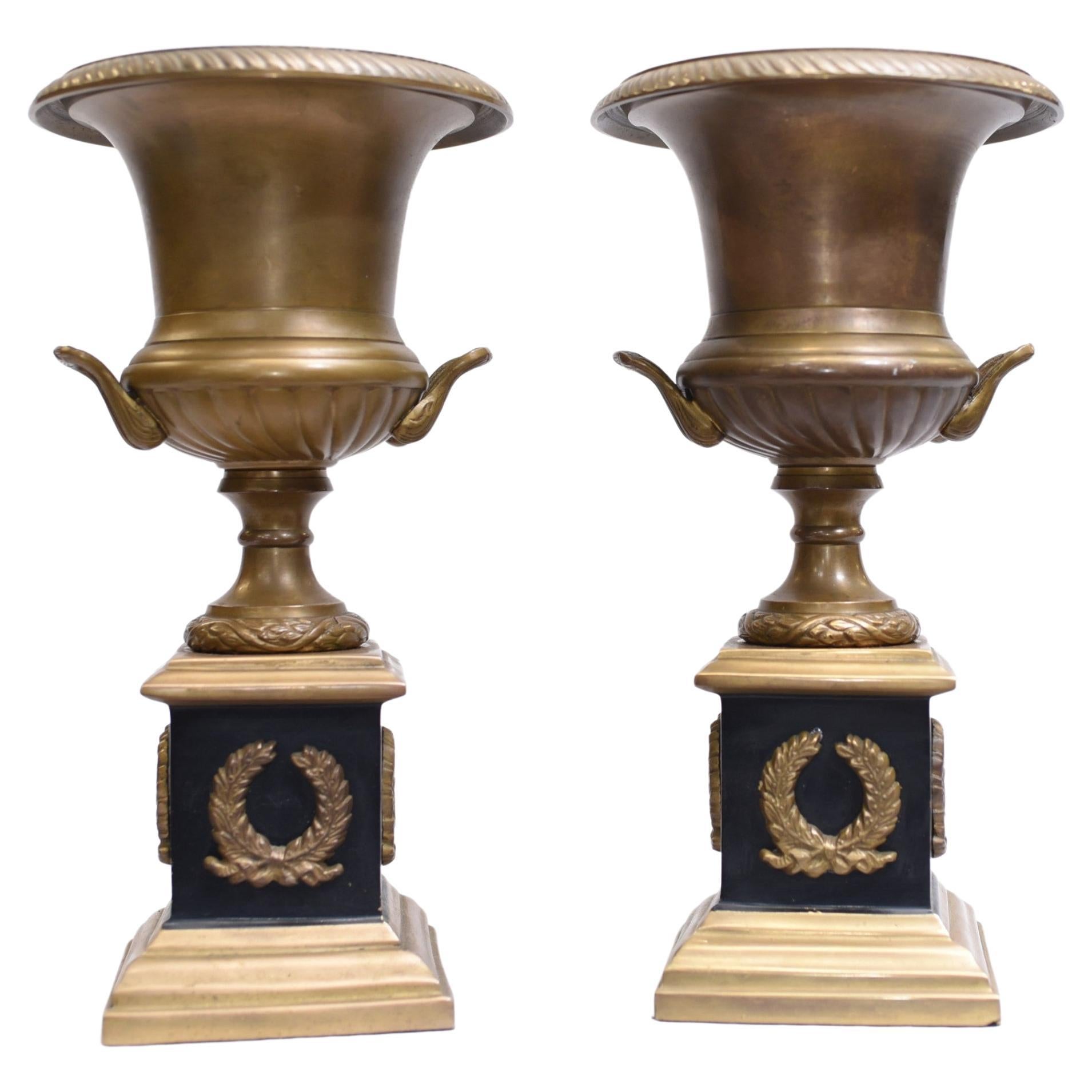 Pair Antique Bronze Campana Urns, French Empire Medici For Sale