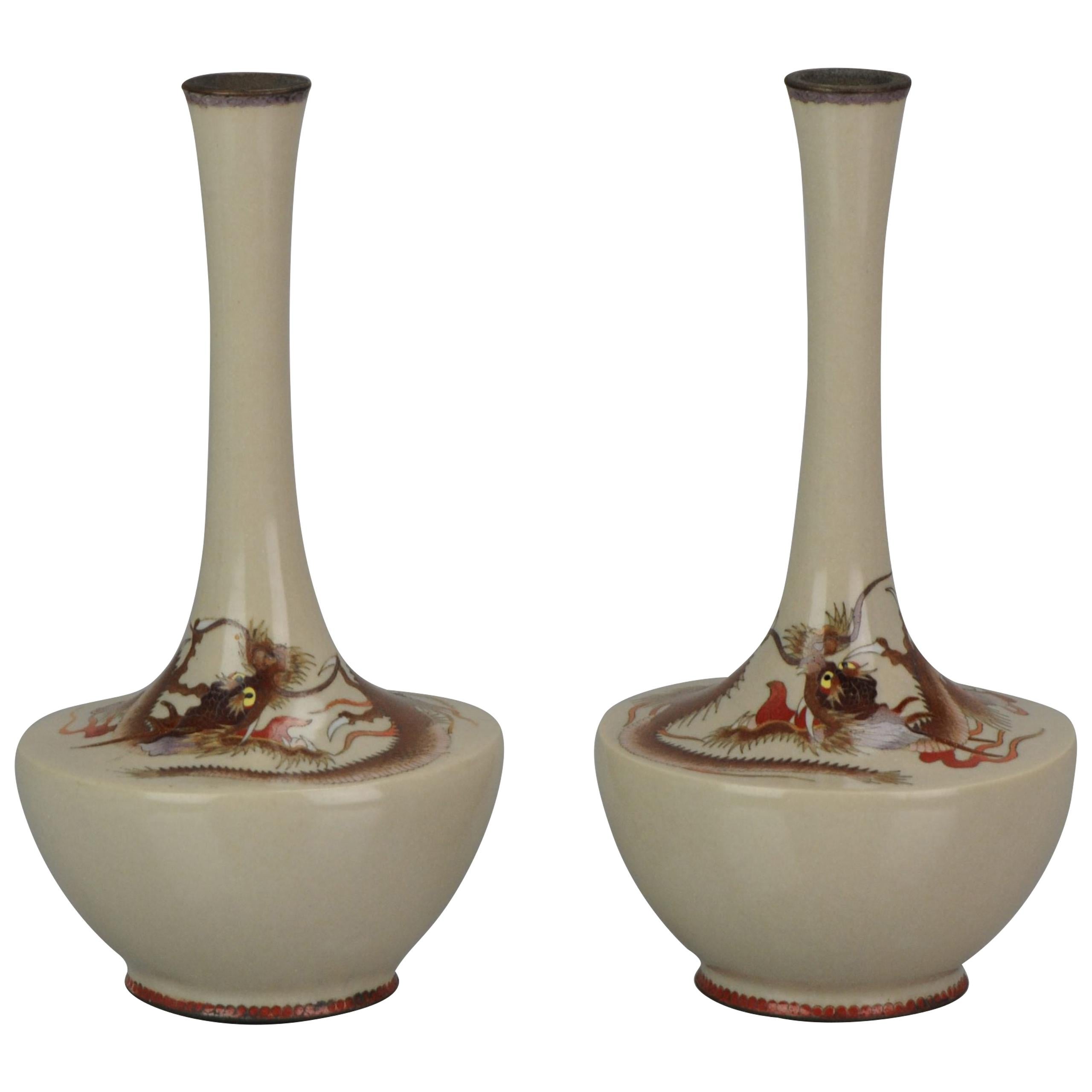 Pair Antique Bronze Dragon Vases Cloisonné Japan 19th c Edo or Meiji
