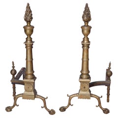 Pair Antique Bronze & Gilt Metal Flame Top & Claw Foot Andirons, Late 19th C
