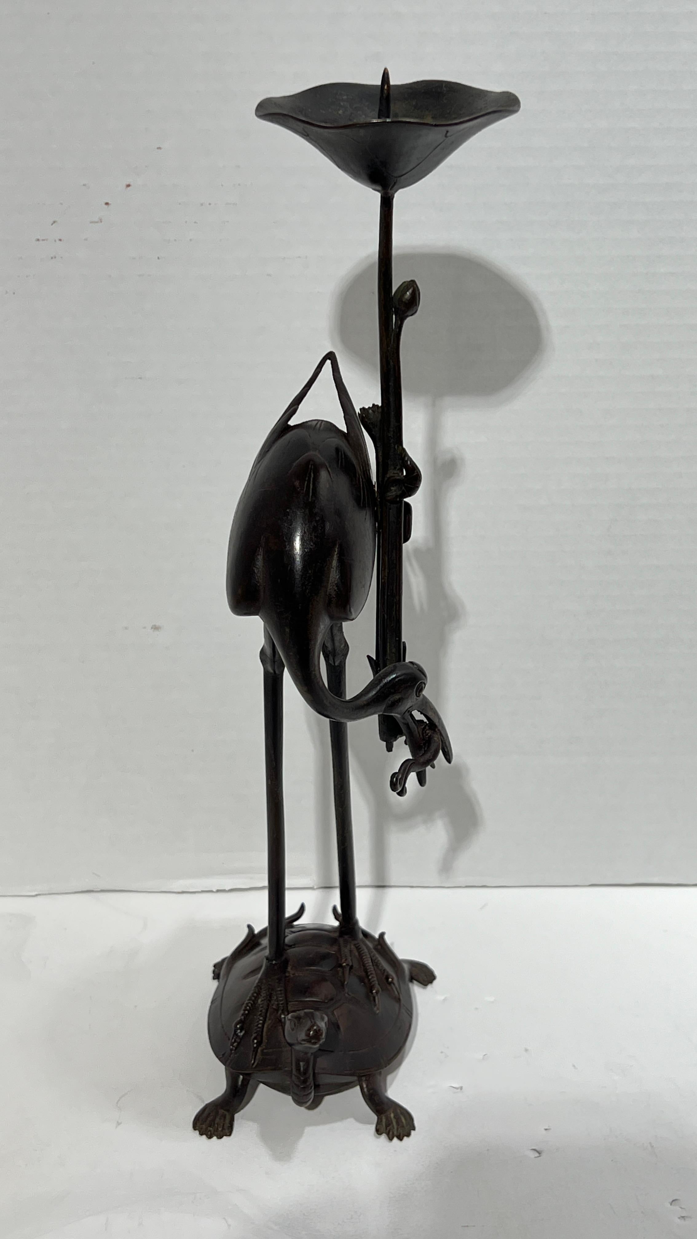 Pair Antique bronze  Patinated Japanese Crane Form Candlesticks For Sale 3
