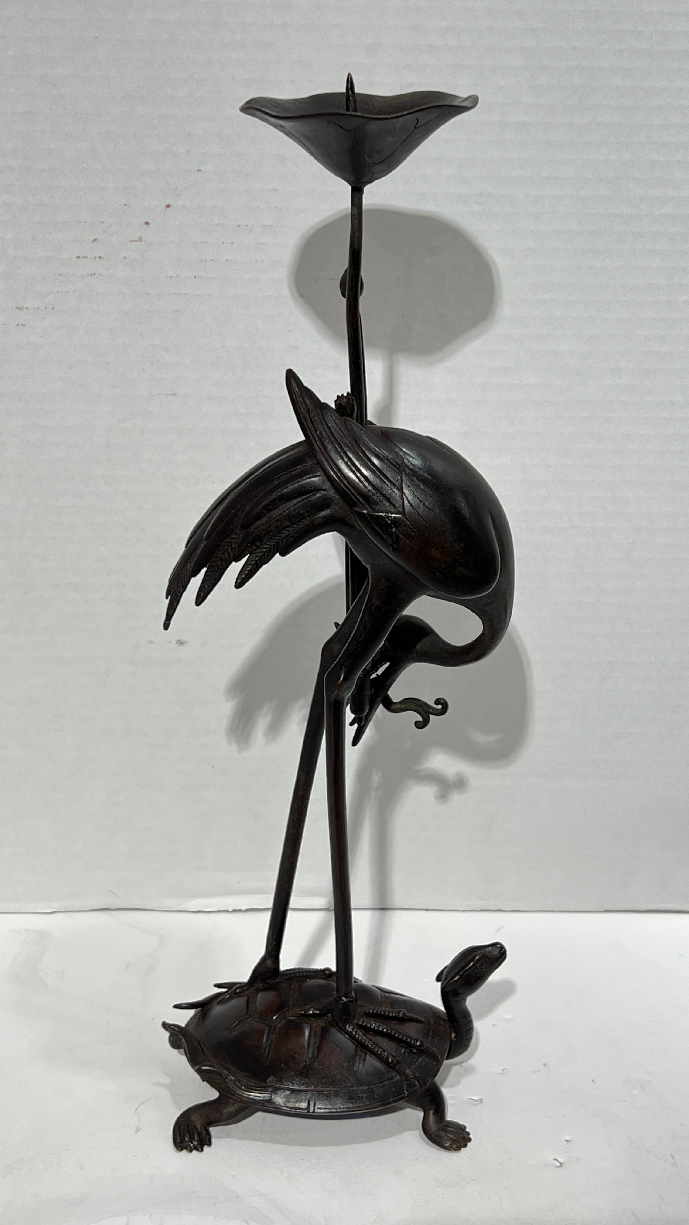 Pair Antique bronze  Patinated Japanese Crane Form Candlesticks For Sale 4