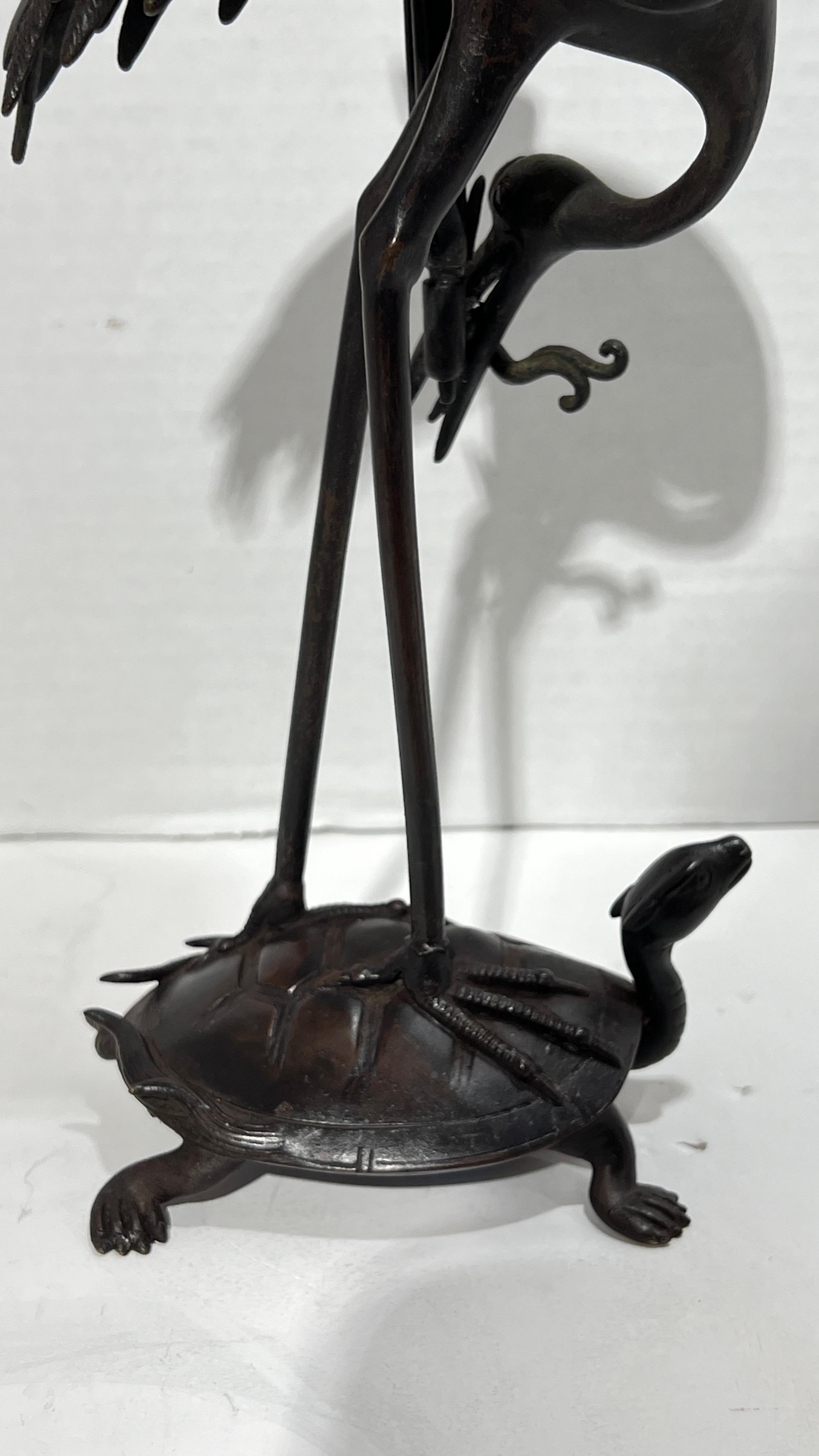 Pair Antique bronze  Patinated Japanese Crane Form Candlesticks For Sale 5