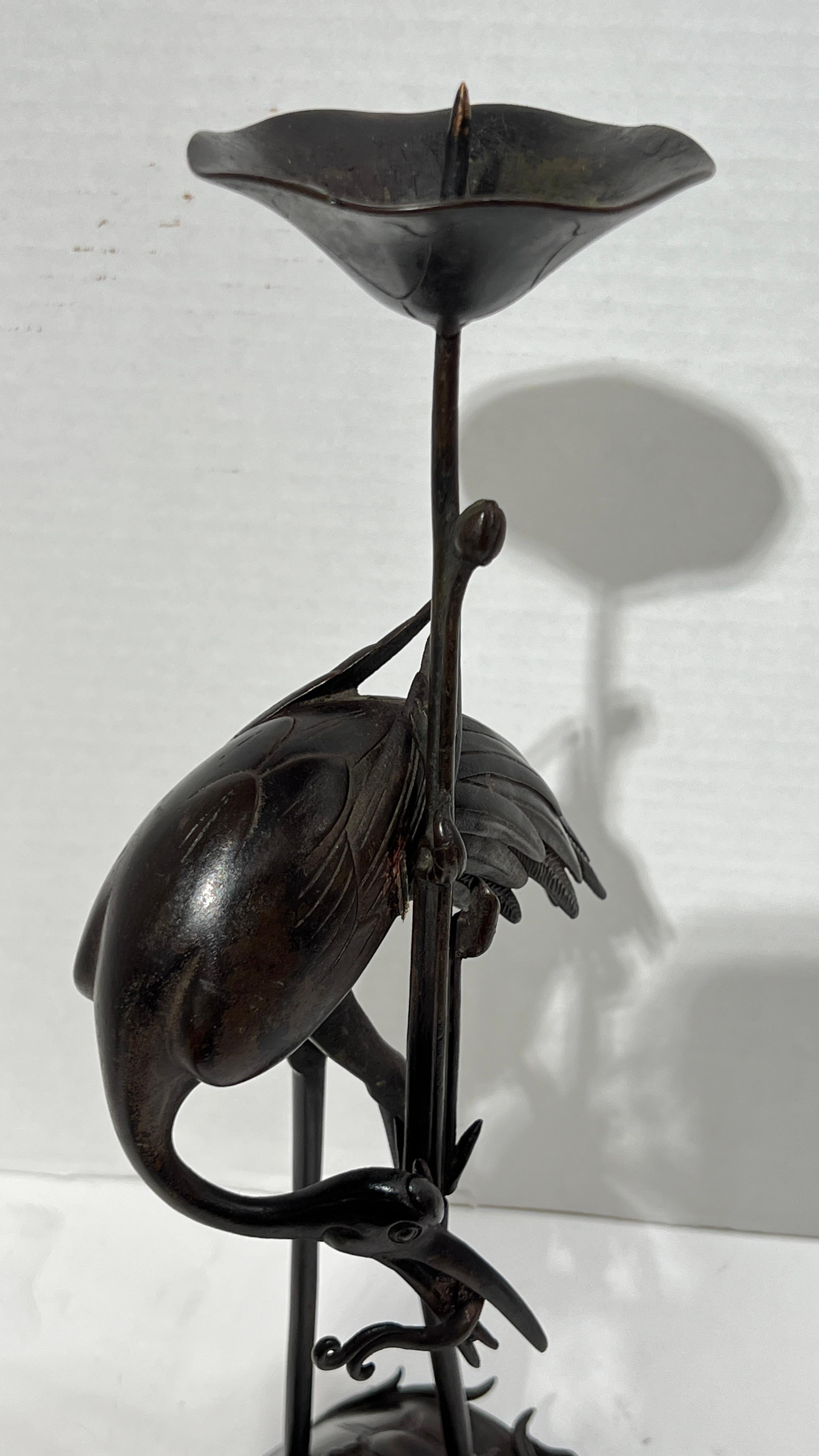 Pair Antique bronze  Patinated Japanese Crane Form Candlesticks For Sale 6