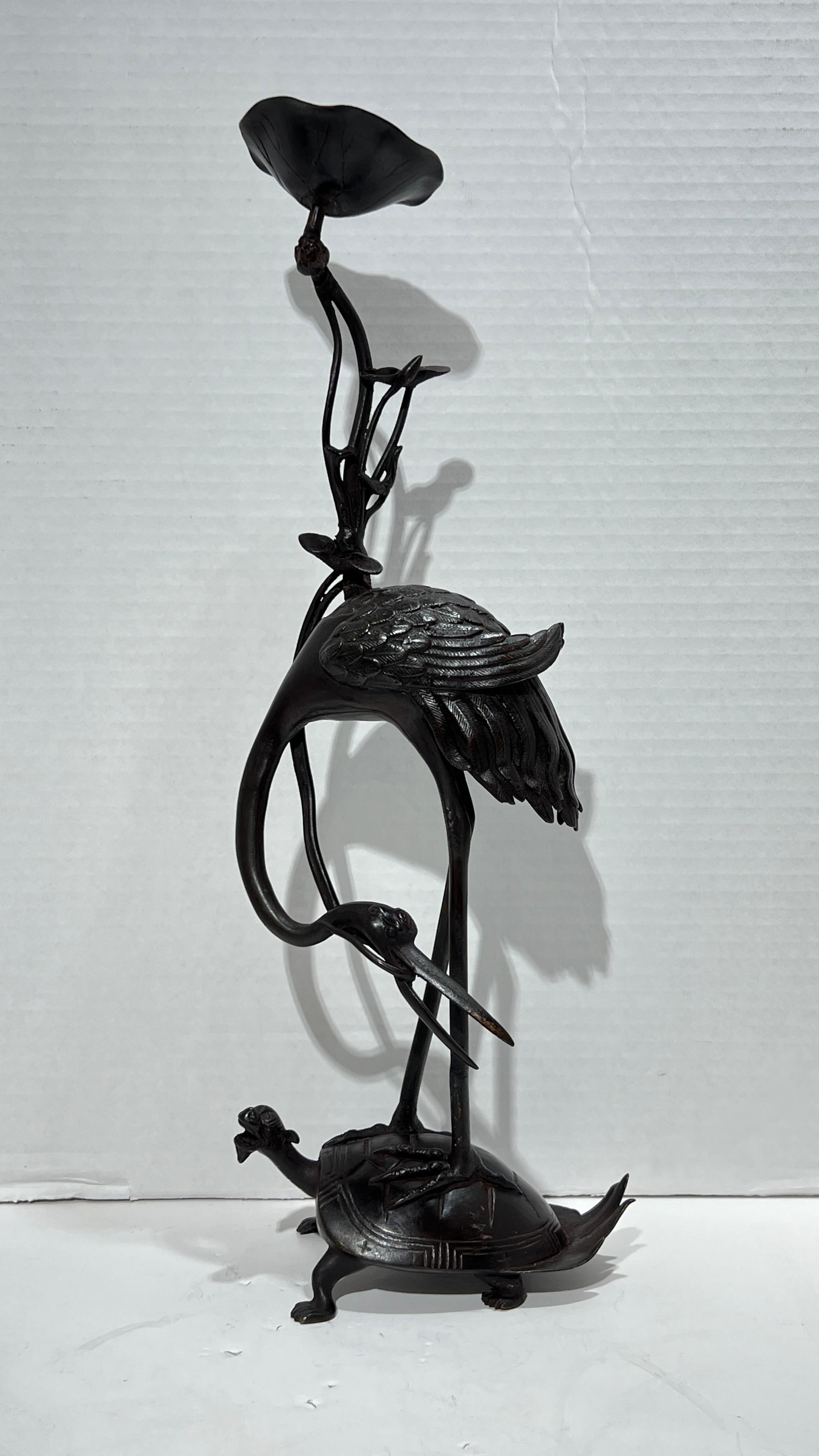 Pair Antique bronze  Patinated Japanese Crane Form Candlesticks For Sale 8