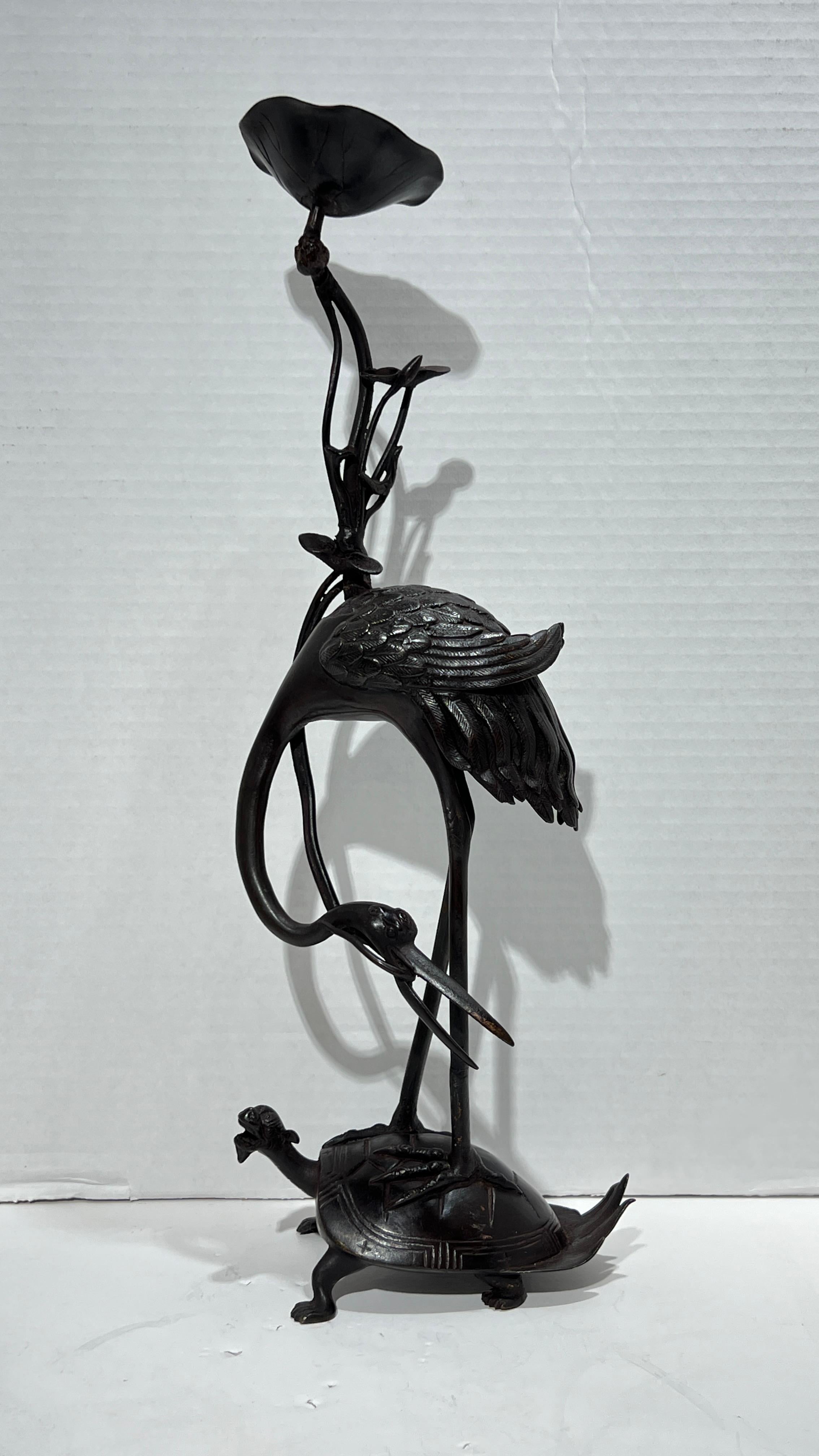 Pair Antique bronze  Patinated Japanese Crane Form Candlesticks 8