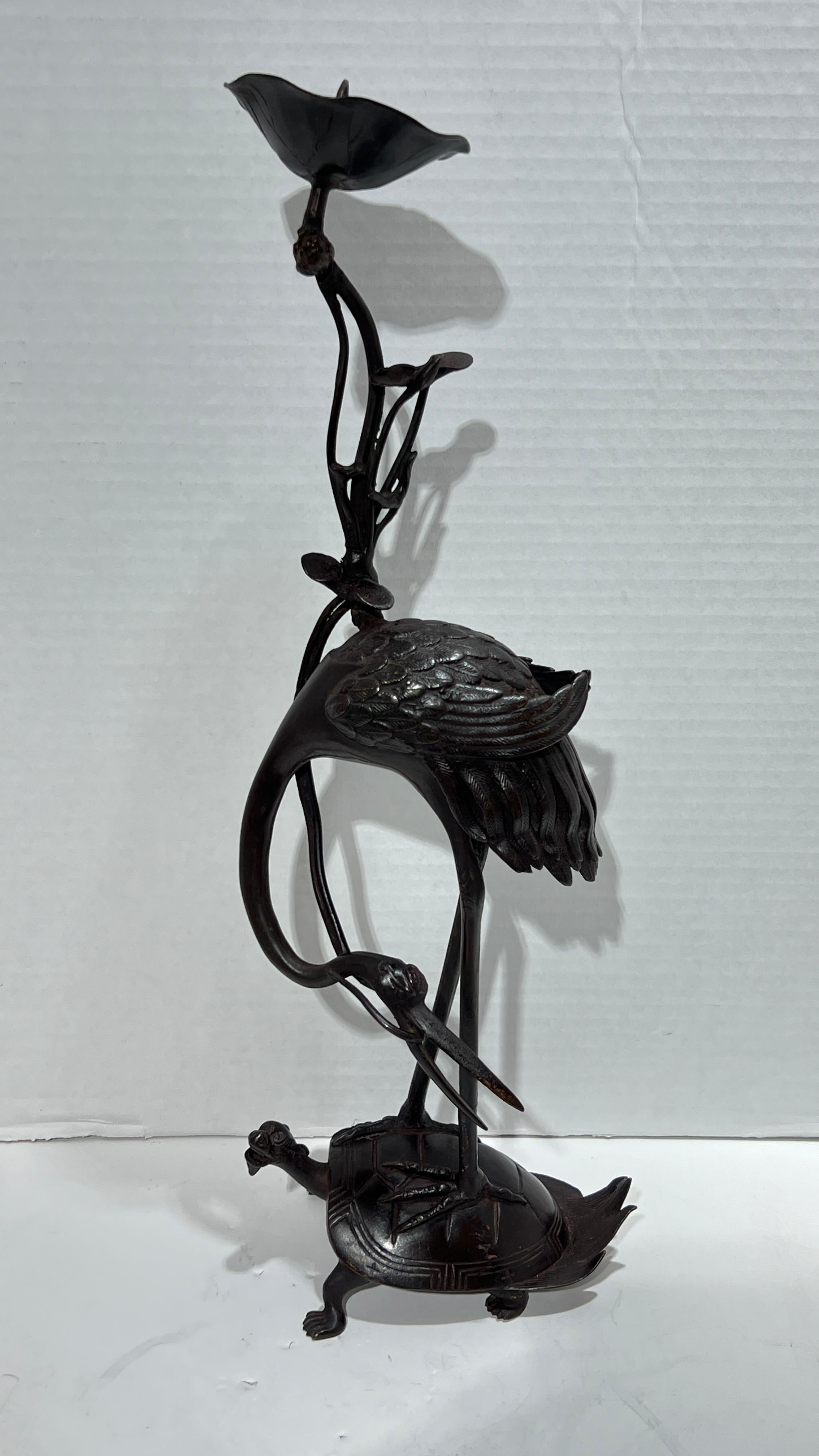 Pair Antique bronze  Patinated Japanese Crane Form Candlesticks For Sale 9