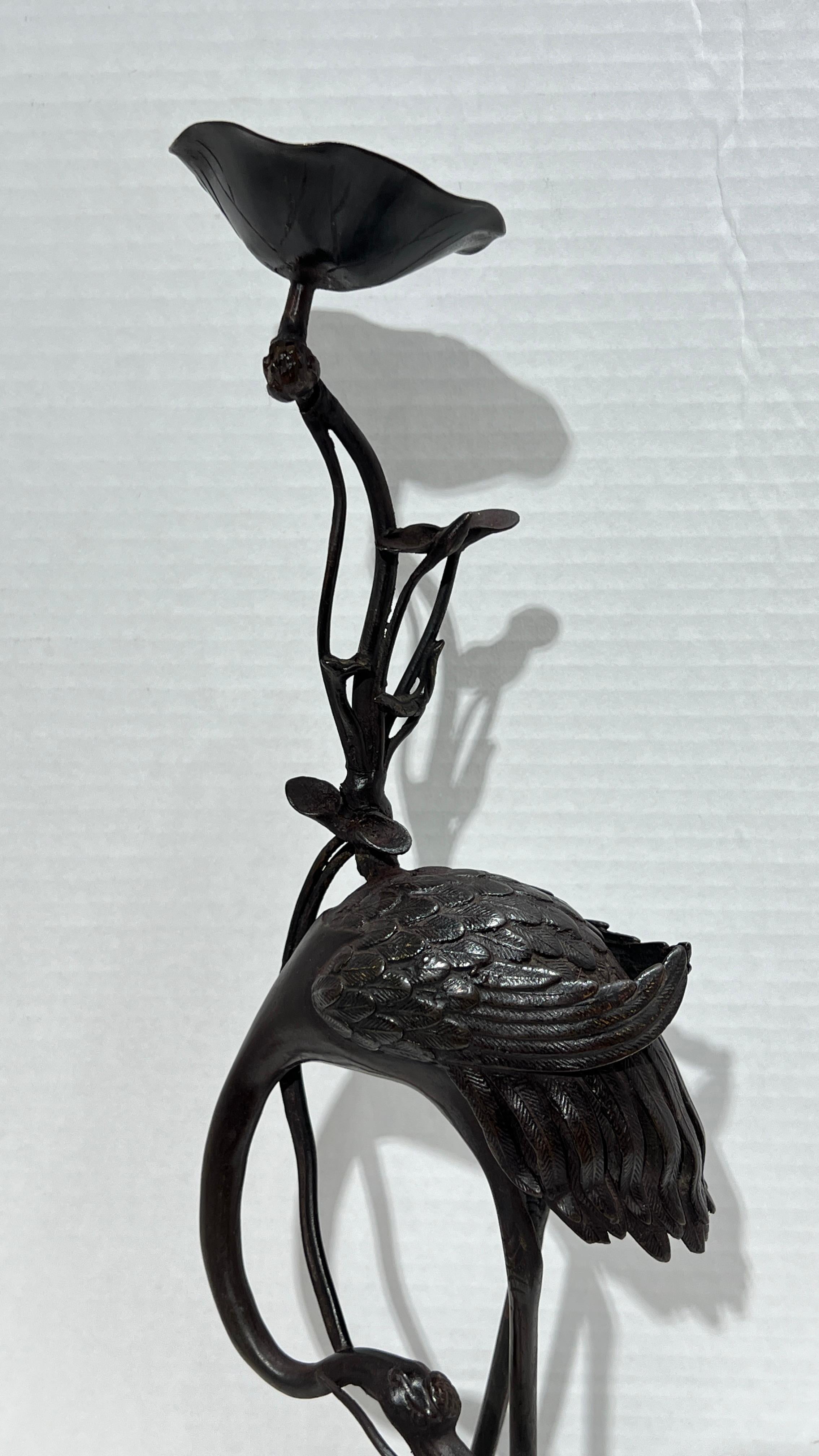 Pair Antique bronze  Patinated Japanese Crane Form Candlesticks For Sale 10