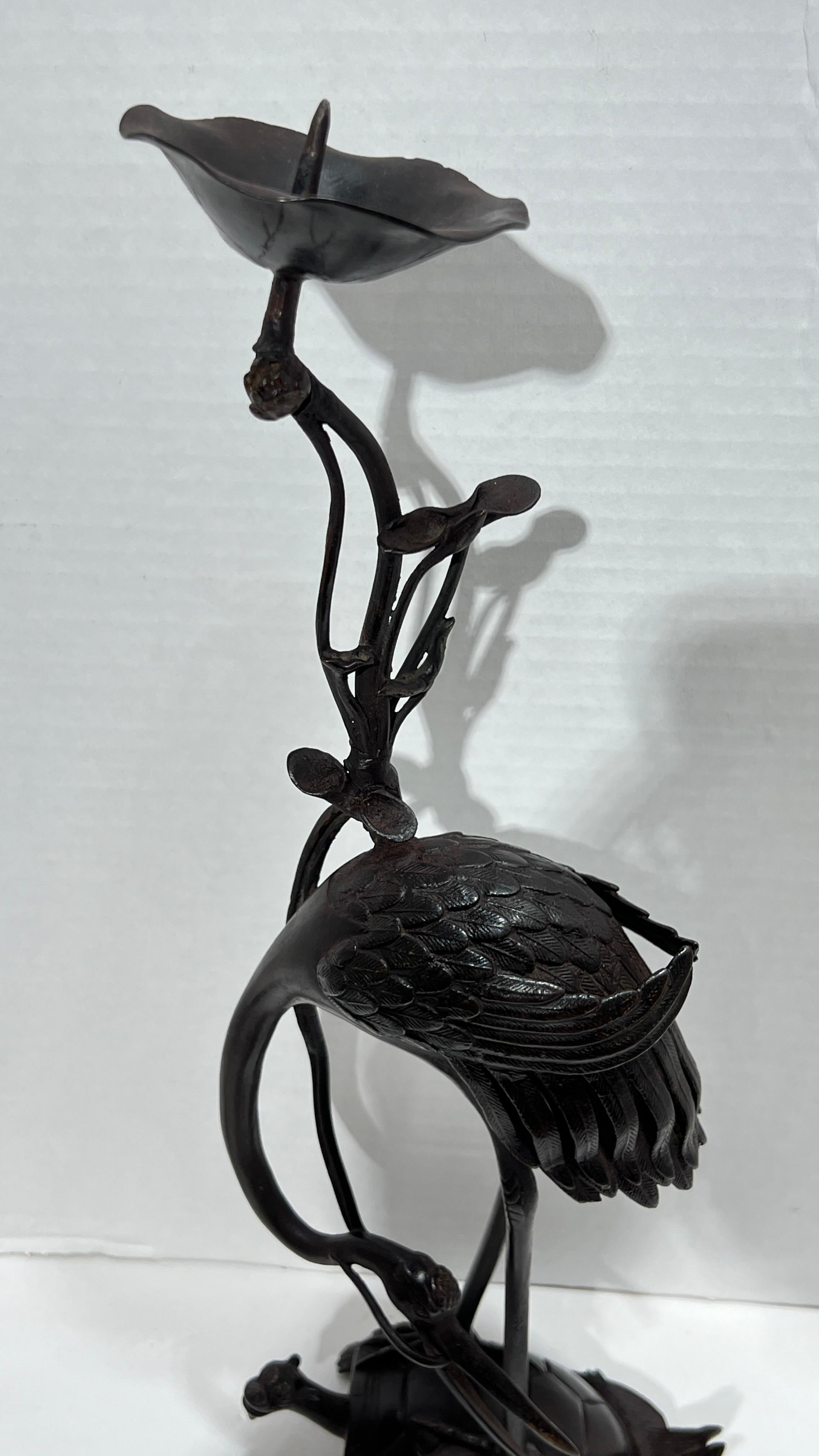 Pair Antique bronze  Patinated Japanese Crane Form Candlesticks For Sale 11