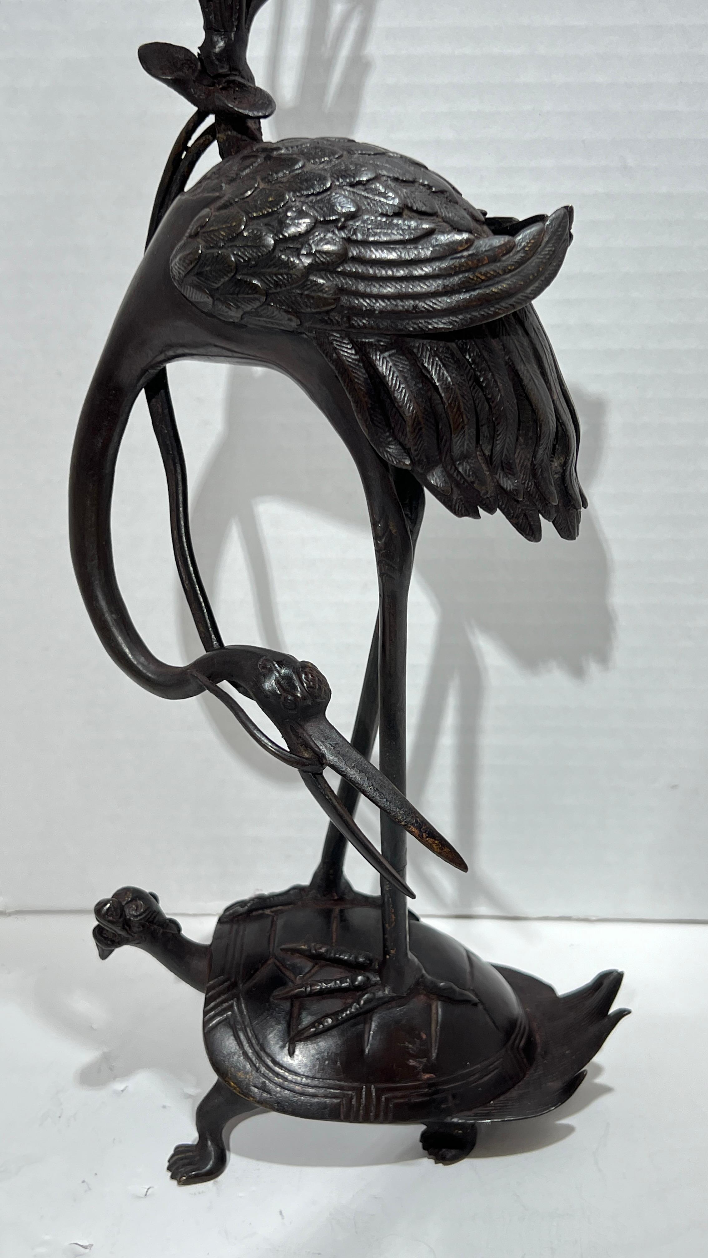 Pair Antique bronze  Patinated Japanese Crane Form Candlesticks For Sale 12