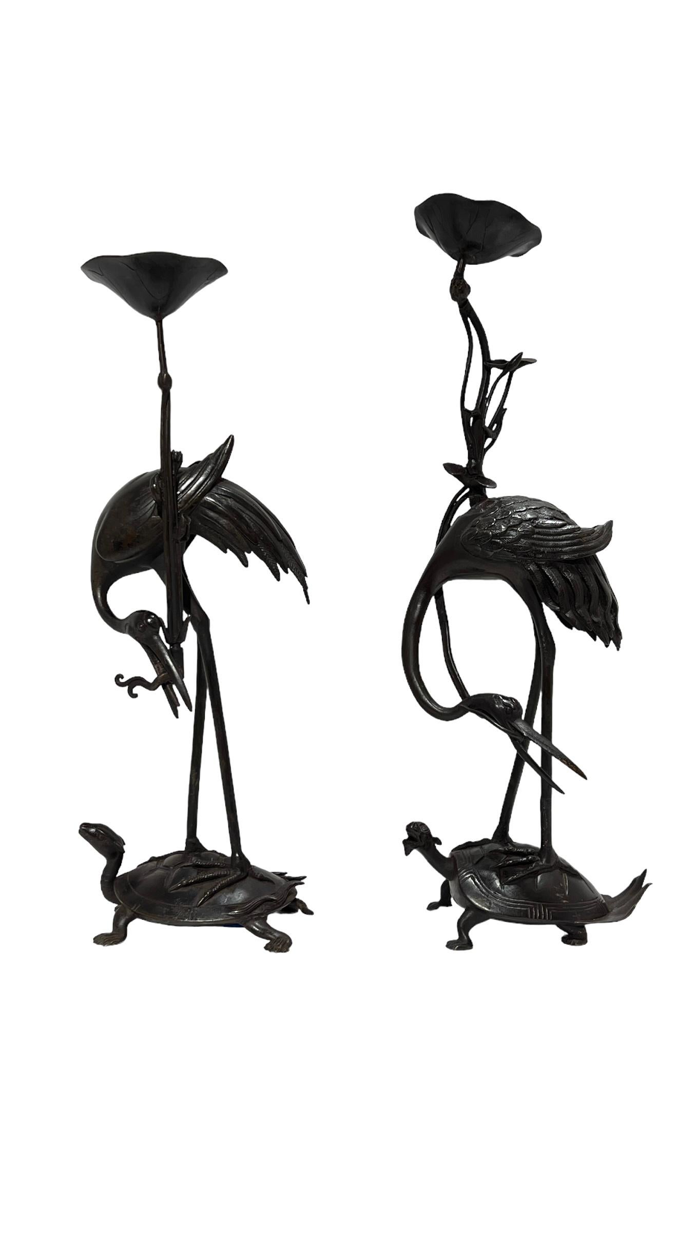 Pair Antique bronze  Patinated Japanese Crane Form Candlesticks In Good Condition For Sale In New York, NY
