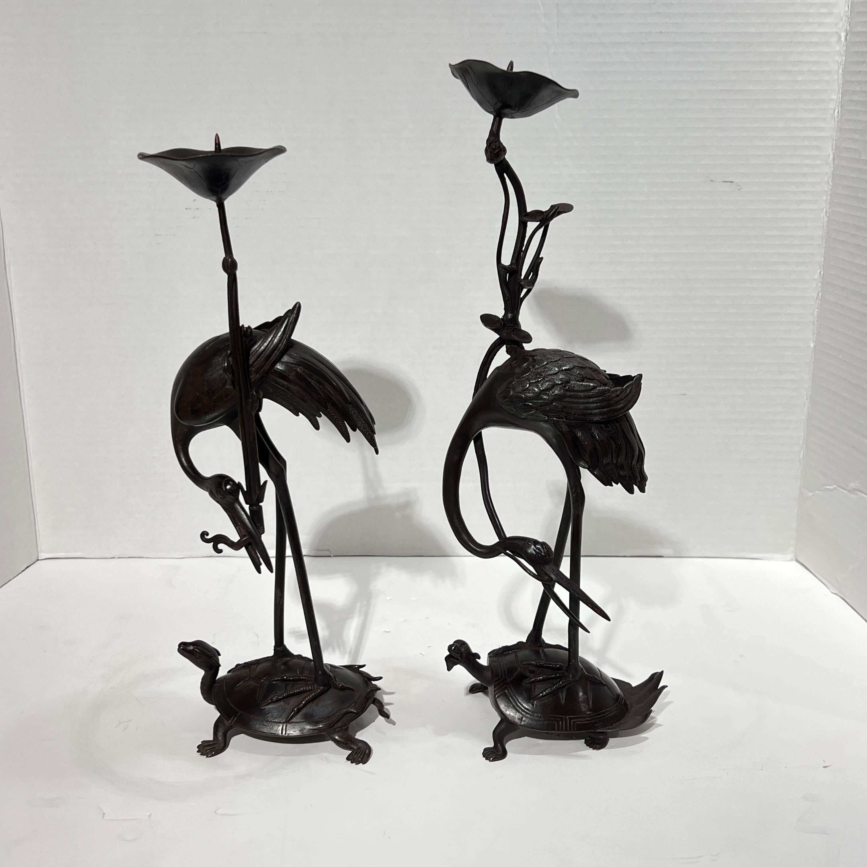 Late 19th Century Pair Antique bronze  Patinated Japanese Crane Form Candlesticks For Sale