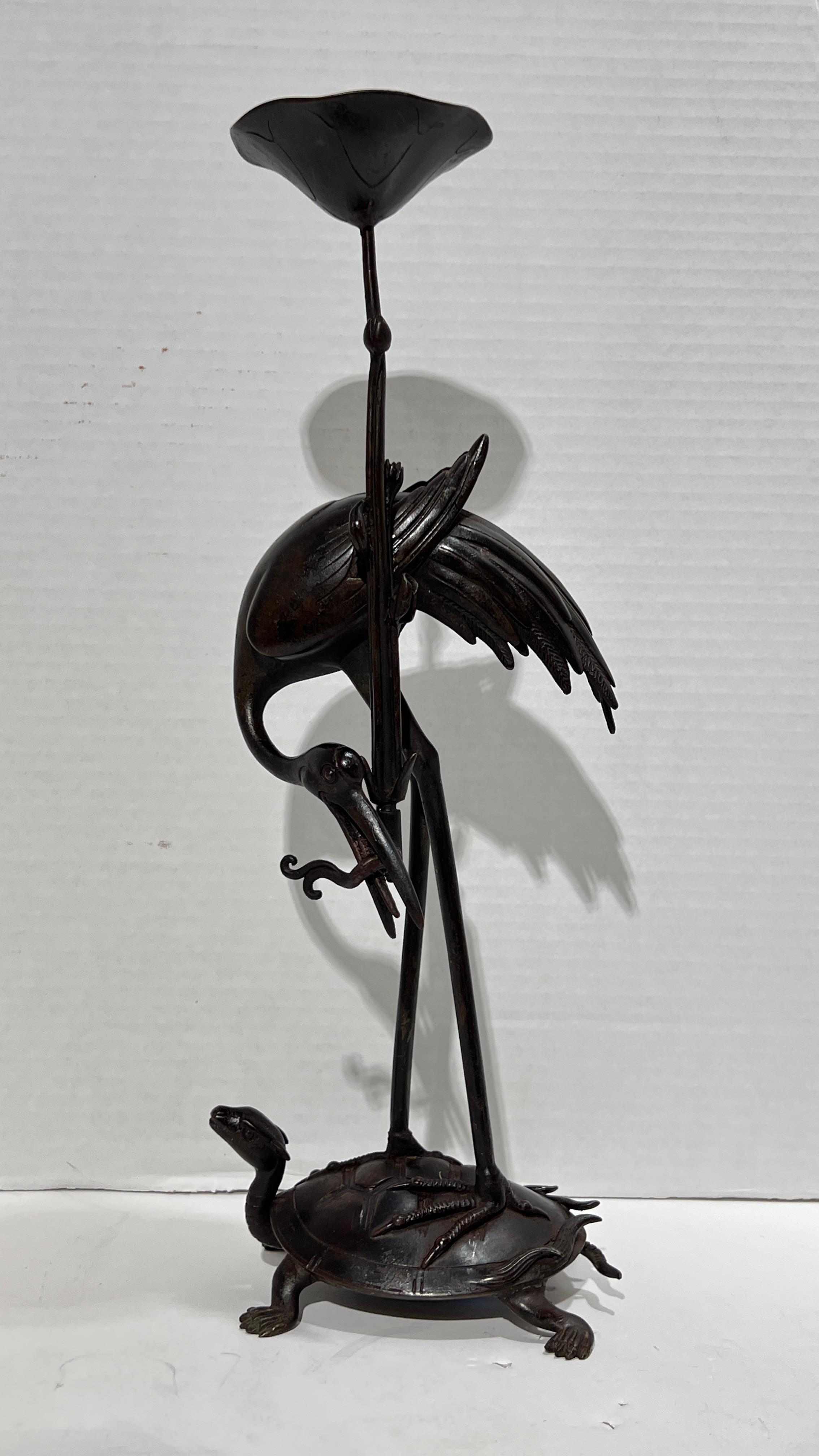 Pair Antique bronze  Patinated Japanese Crane Form Candlesticks For Sale 1
