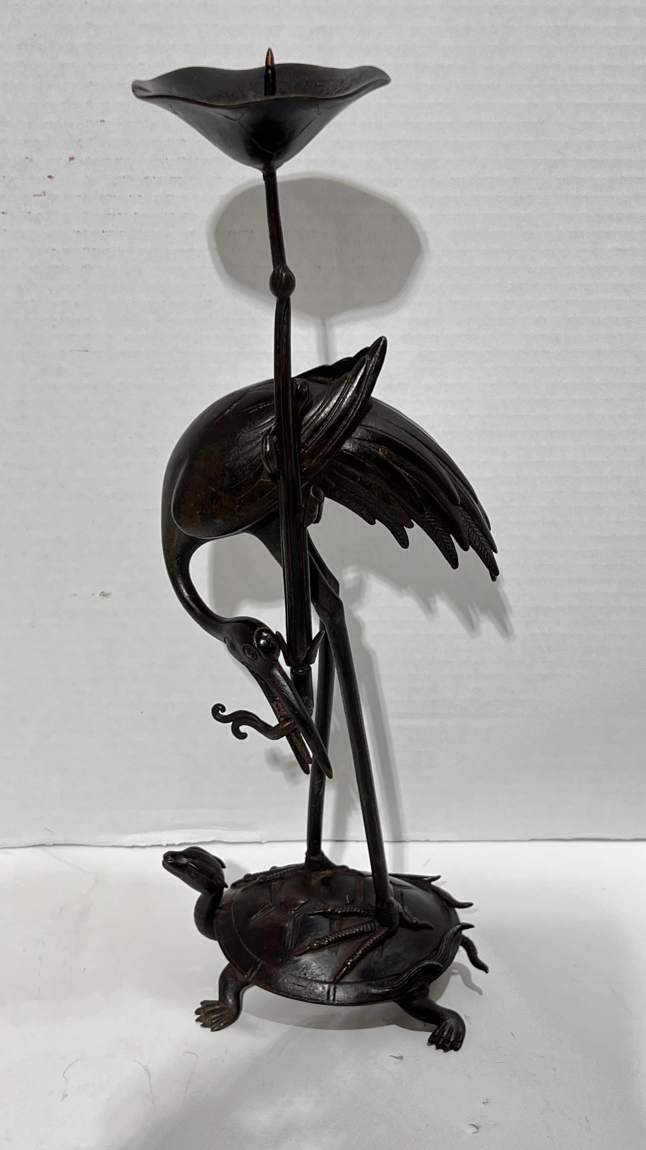 Pair Antique bronze  Patinated Japanese Crane Form Candlesticks For Sale 2
