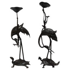Pair Vintage bronze  Patinated Japanese Crane Form Candlesticks