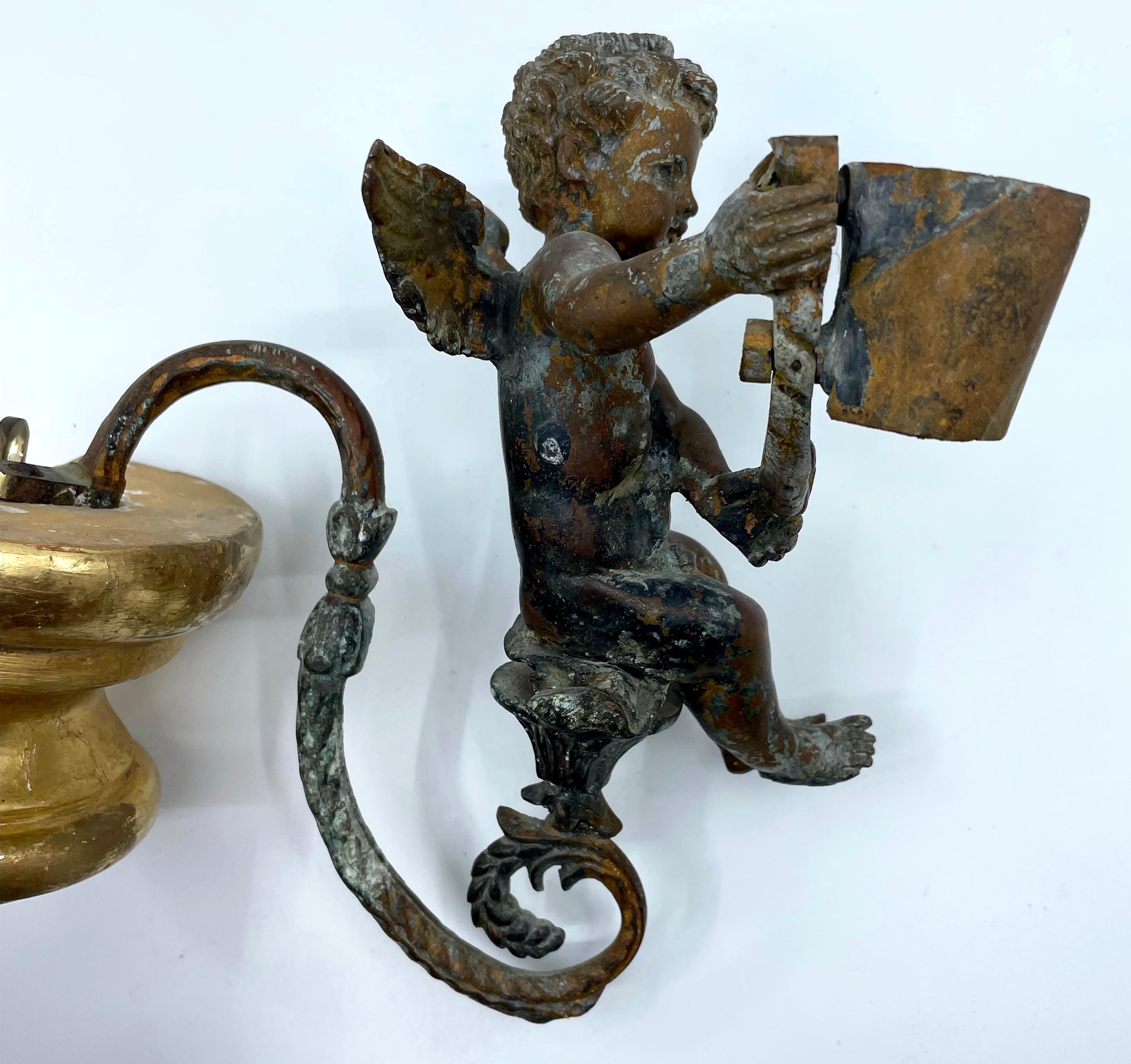 Pair Antique Bronze Patinated Putti Angel Sconces For Sale 1