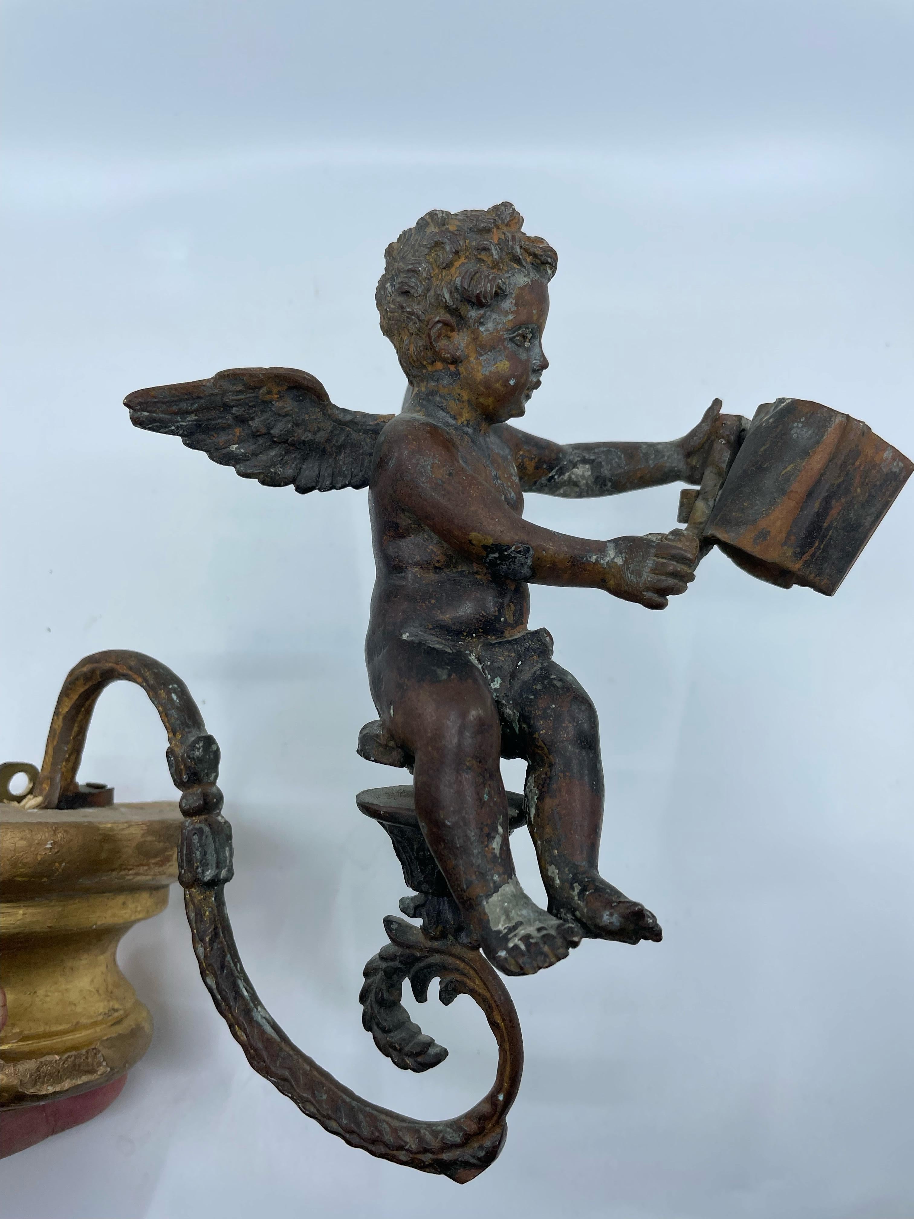 Pair Antique Bronze Patinated Putti Angel Sconces For Sale 2