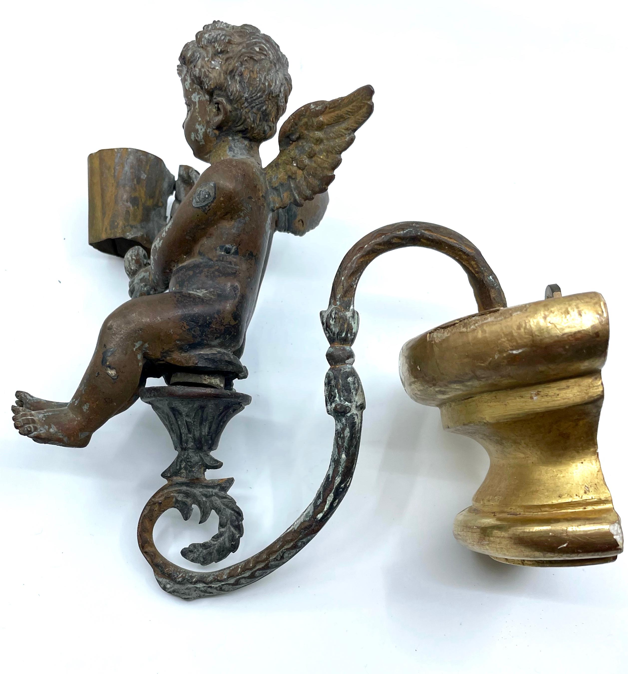 Pair Antique Bronze Patinated Putti Angel Sconces For Sale 3