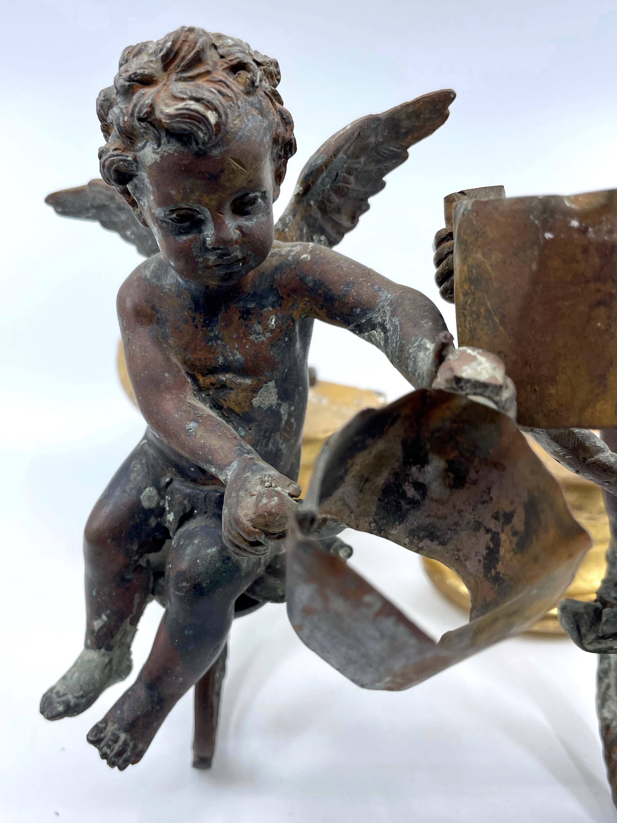 Baroque Pair Antique Bronze Patinated Putti Angel Sconces For Sale