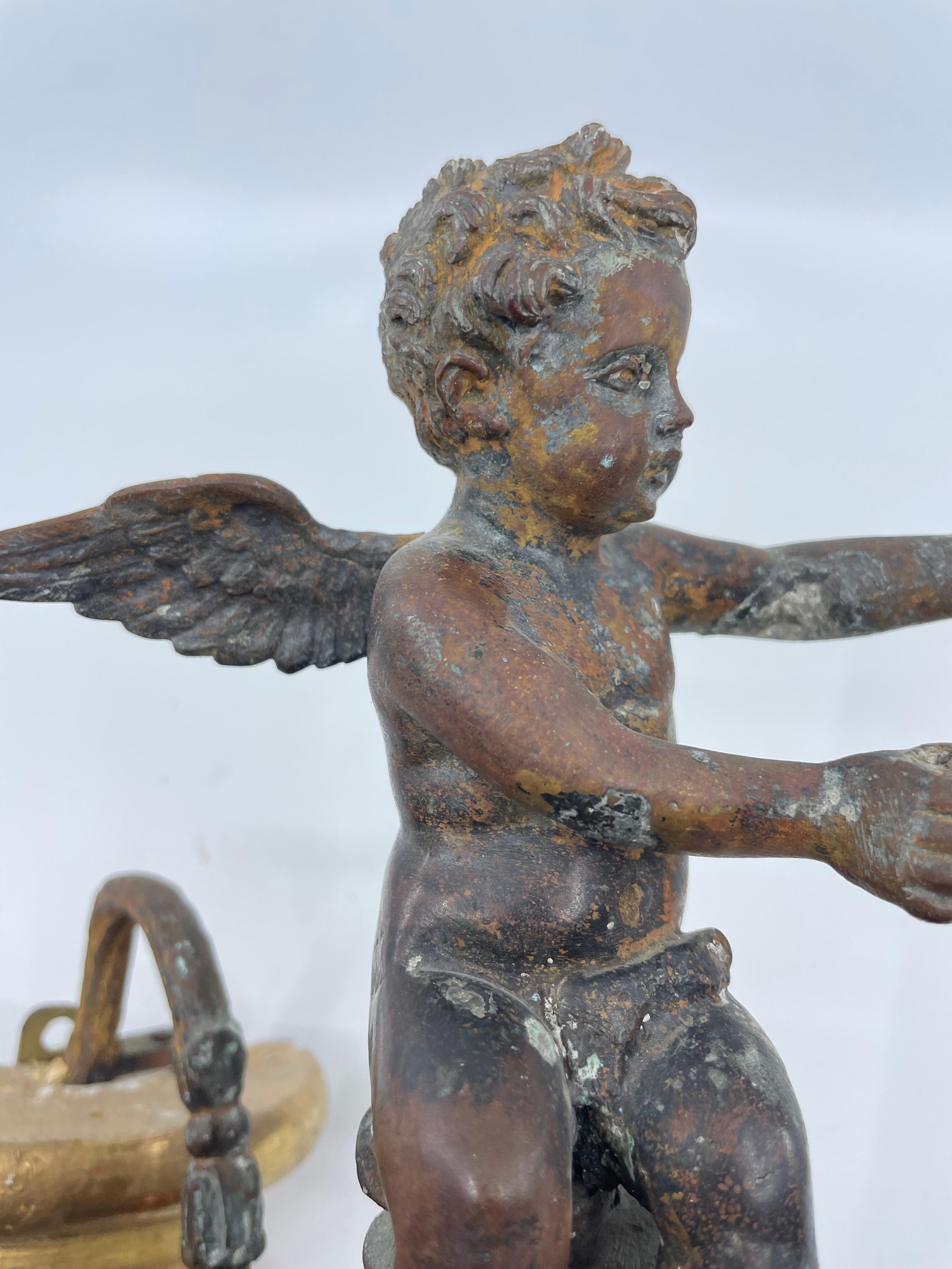 Italian Pair Antique Bronze Patinated Putti Angel Sconces For Sale