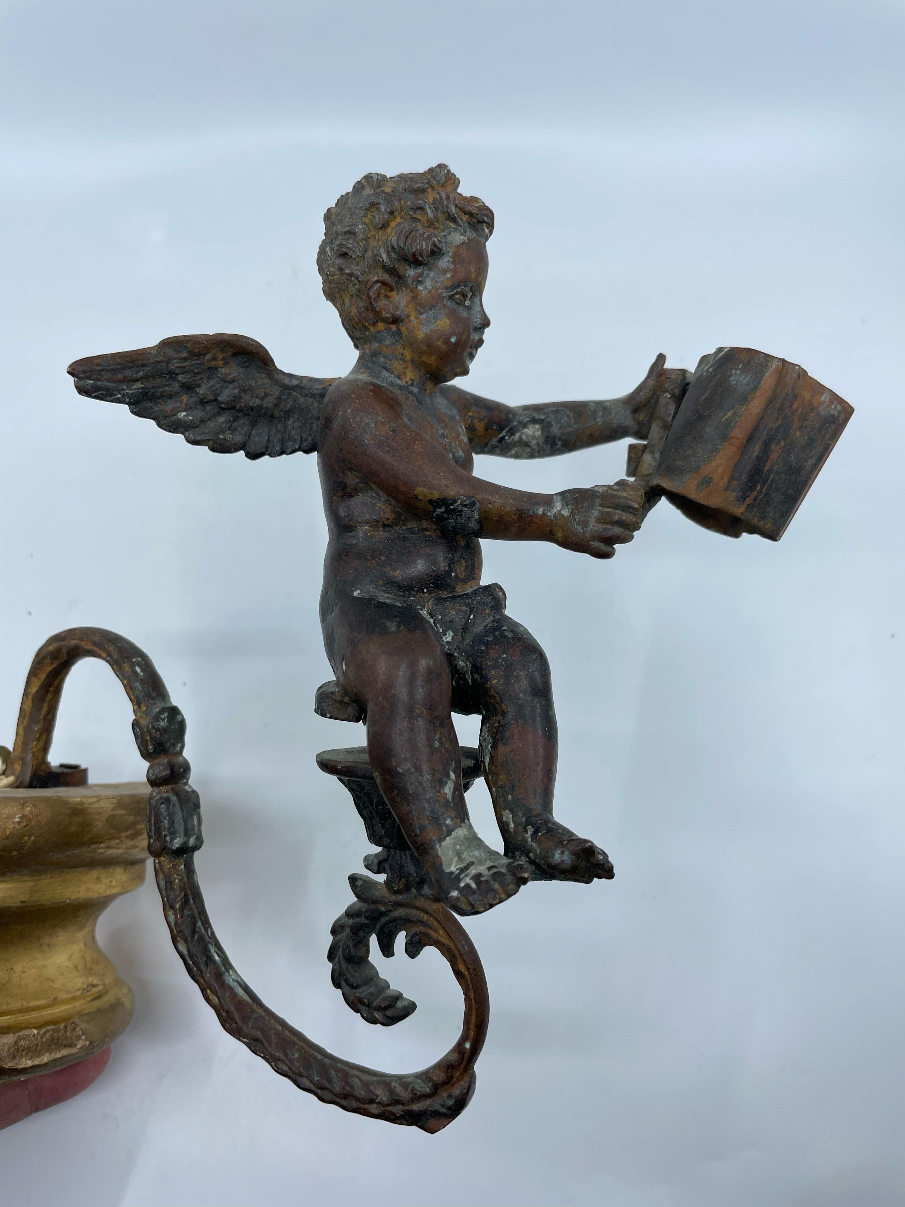 Gilt Pair Antique Bronze Patinated Putti Angel Sconces For Sale