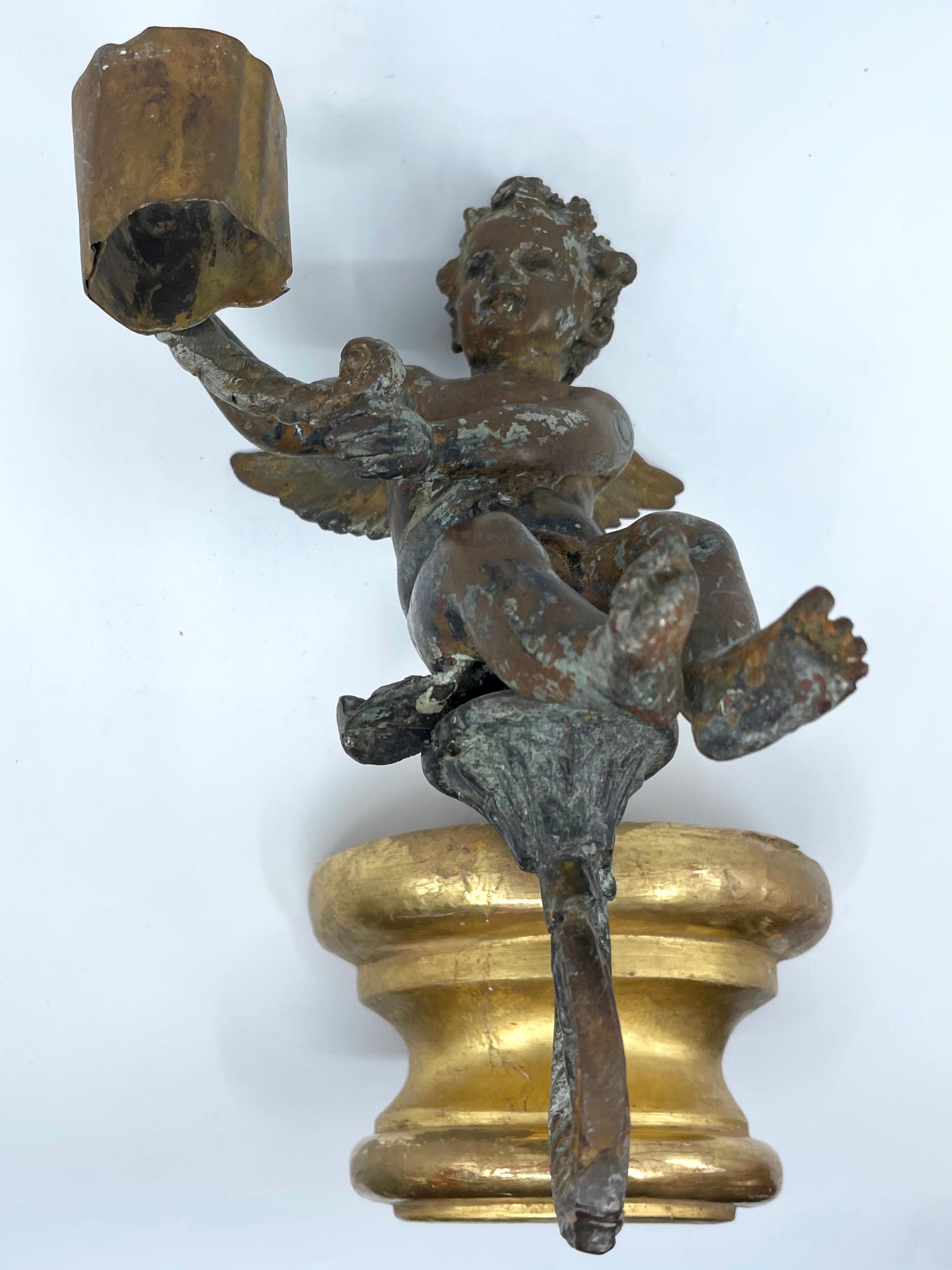 18th Century and Earlier Pair Antique Bronze Patinated Putti Angel Sconces For Sale