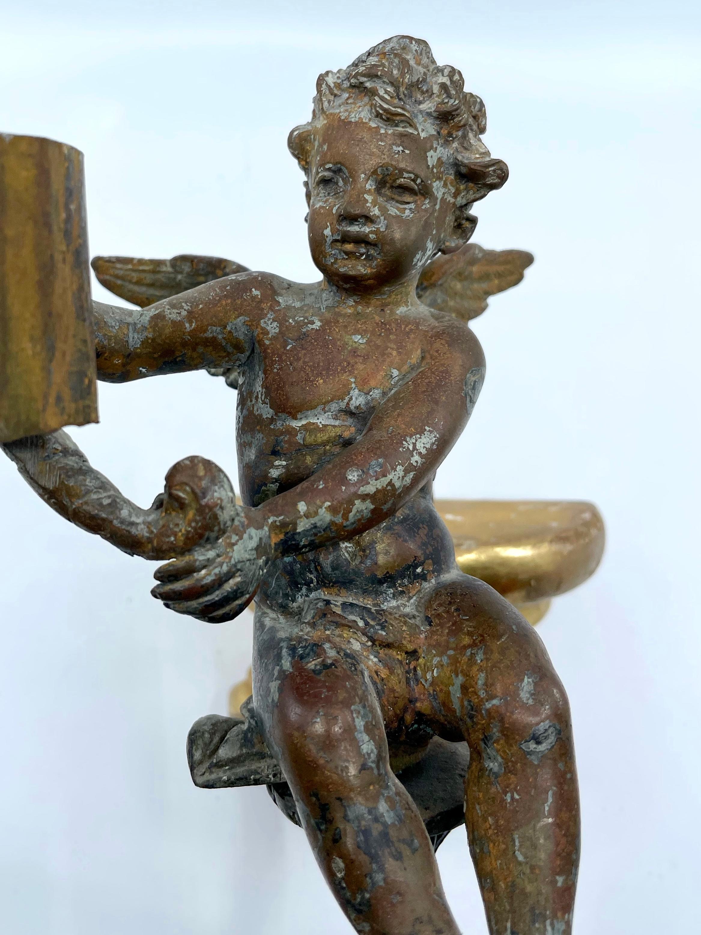 Pair Antique Bronze Patinated Putti Angel Sconces For Sale 1