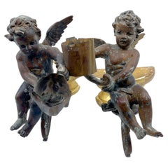 Pair Antique Bronze Patinated Putti Angel Sconces