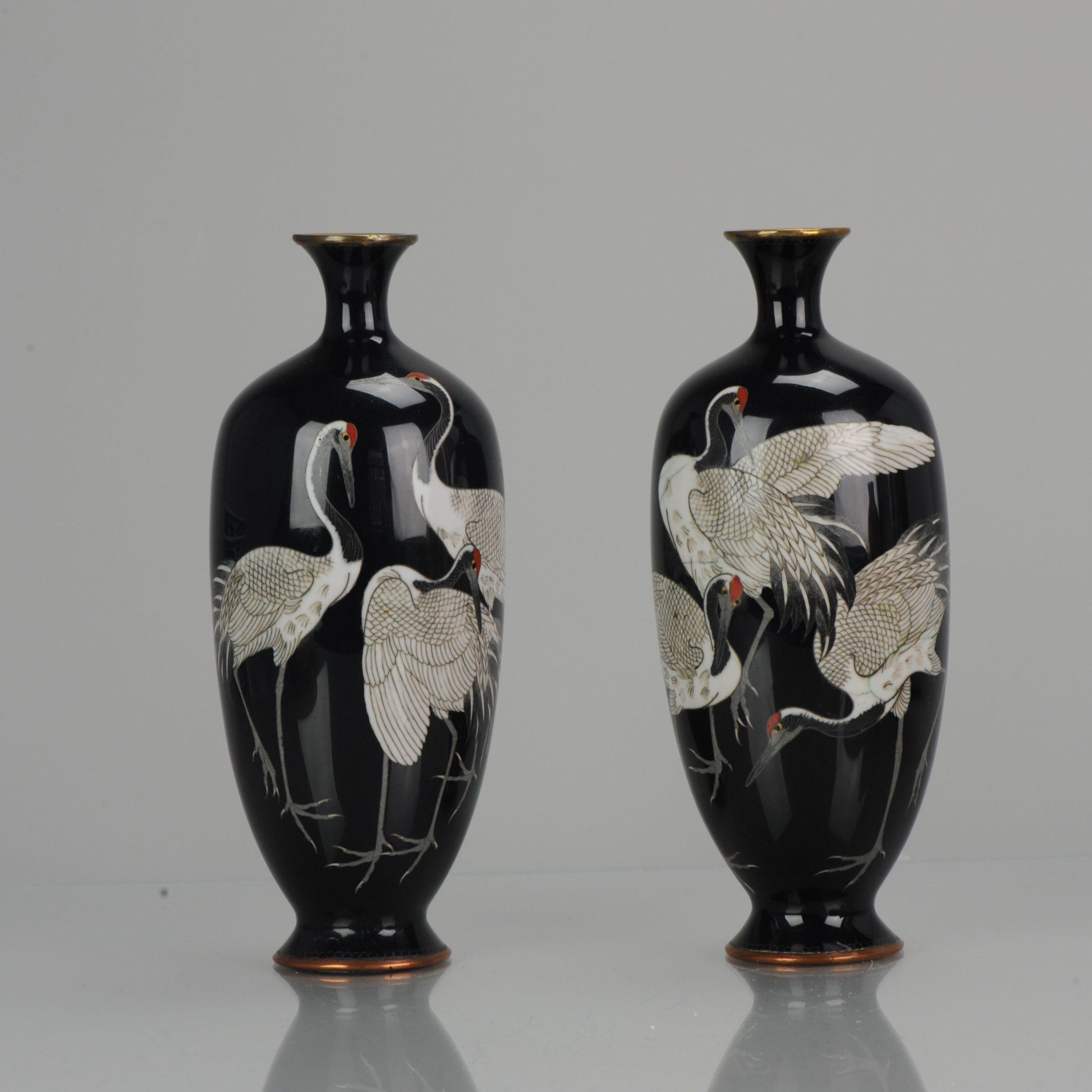 Nice quality with superb decoration of a group of 3 cranes. Marked at base with Hayishi Chuzo.

Very little is known of Hayashi Chuzo of Aichi. The family name of Hayashi belongs to some of the greatest cloisonne makers, but the connections are