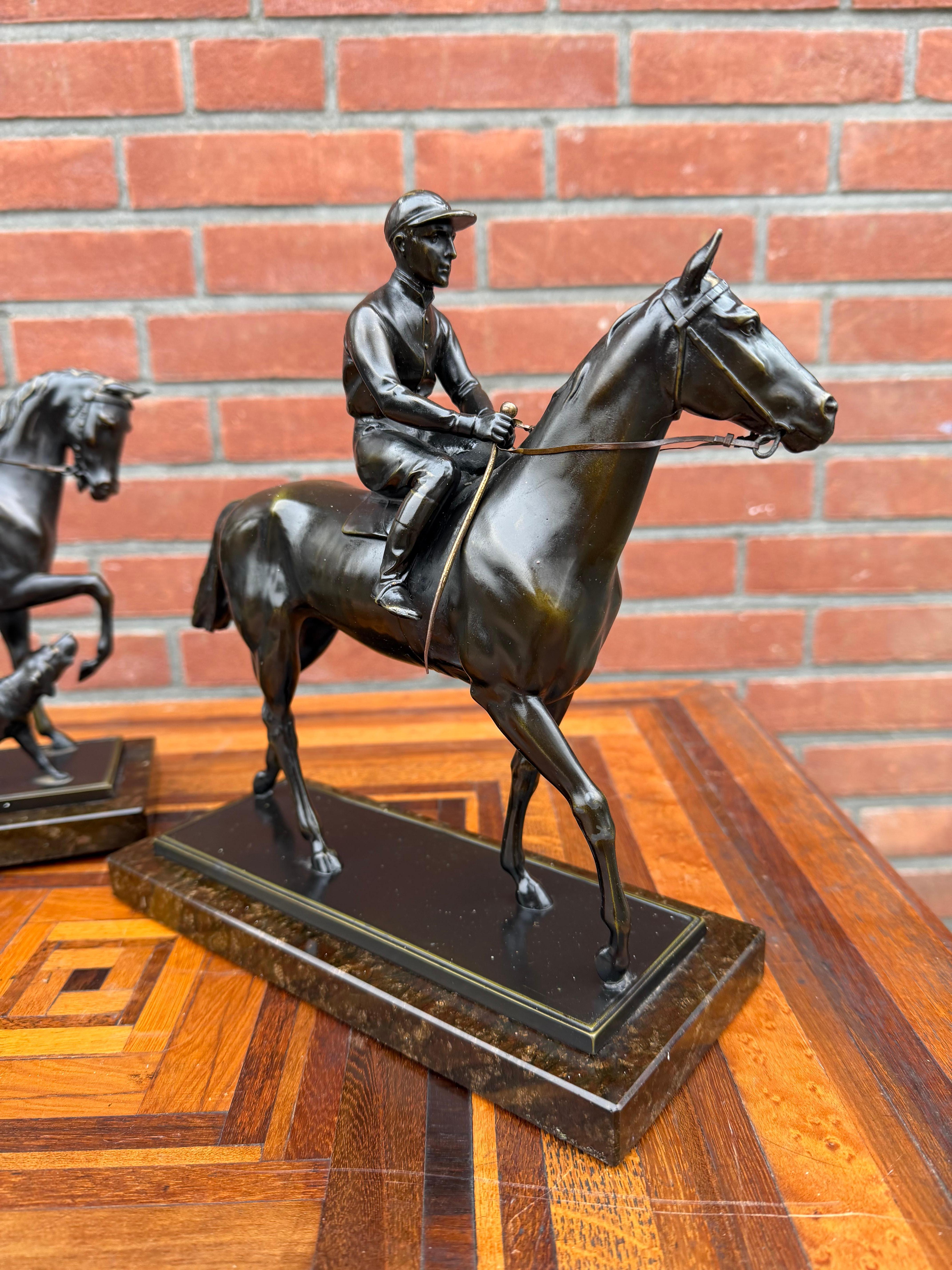 Pair Antique Bronzed Equestrian Sculptures, Marble Bases, Jockey & Rider w Hound im Angebot 2