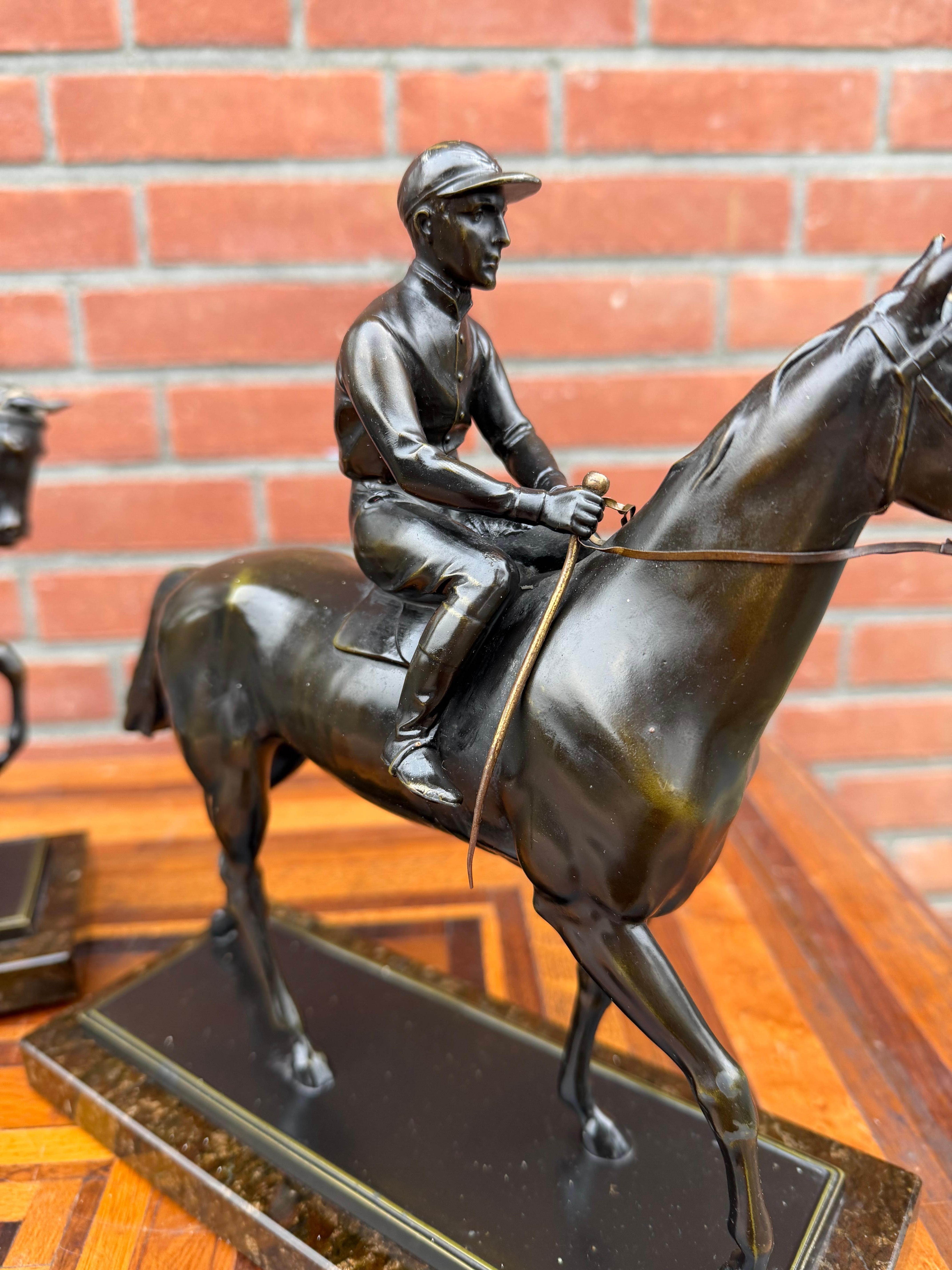 Pair Antique Bronzed Equestrian Sculptures, Marble Bases, Jockey & Rider w Hound im Angebot 4
