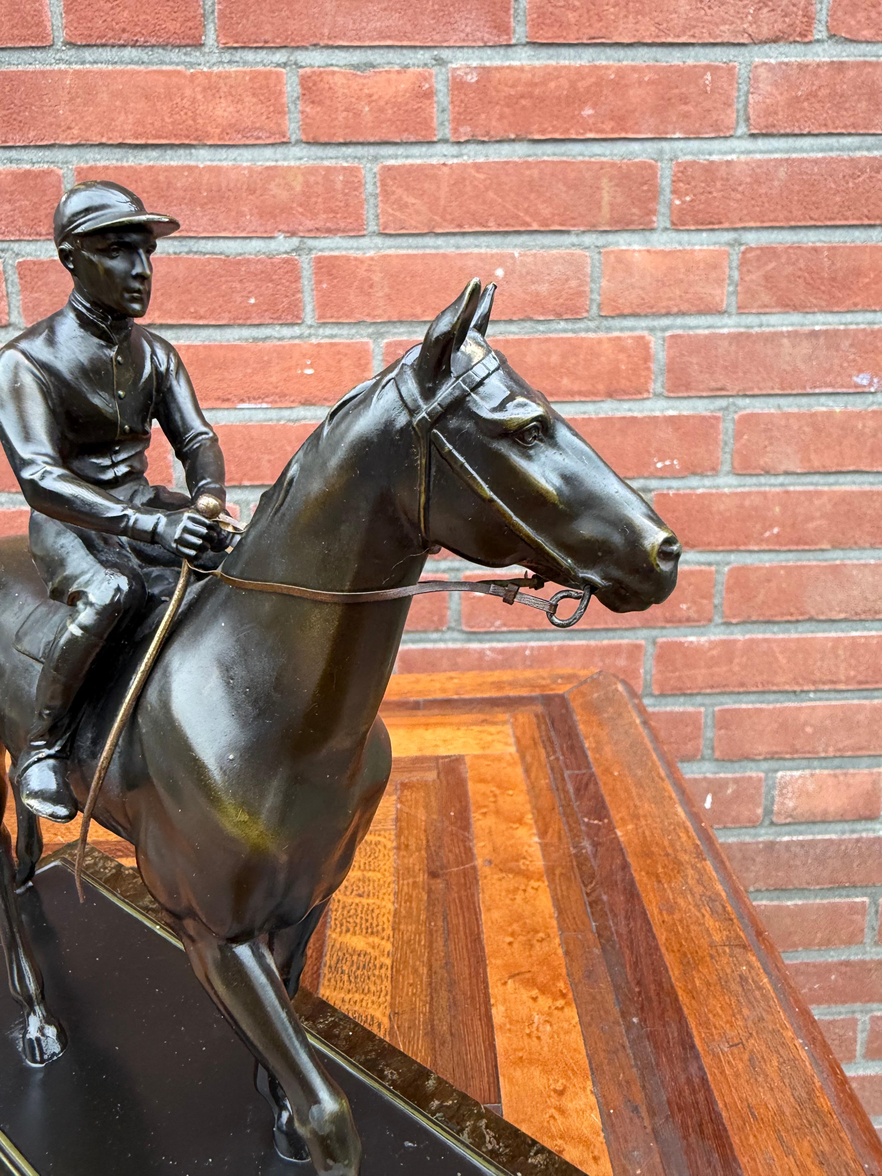 Pair Antique Bronzed Equestrian Sculptures, Marble Bases, Jockey & Rider w Hound im Angebot 5