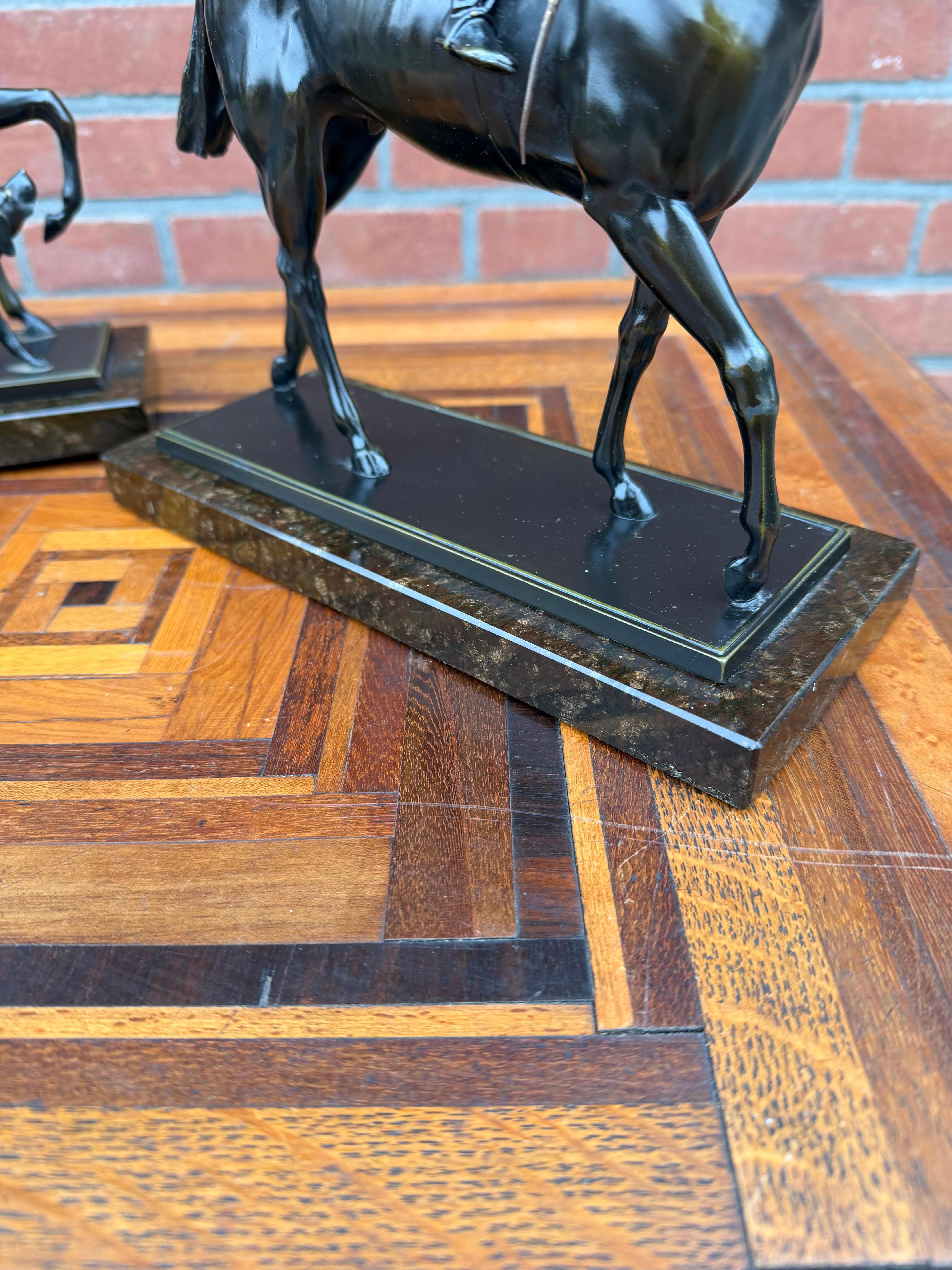Pair Antique Bronzed Equestrian Sculptures, Marble Bases, Jockey & Rider w Hound im Angebot 6