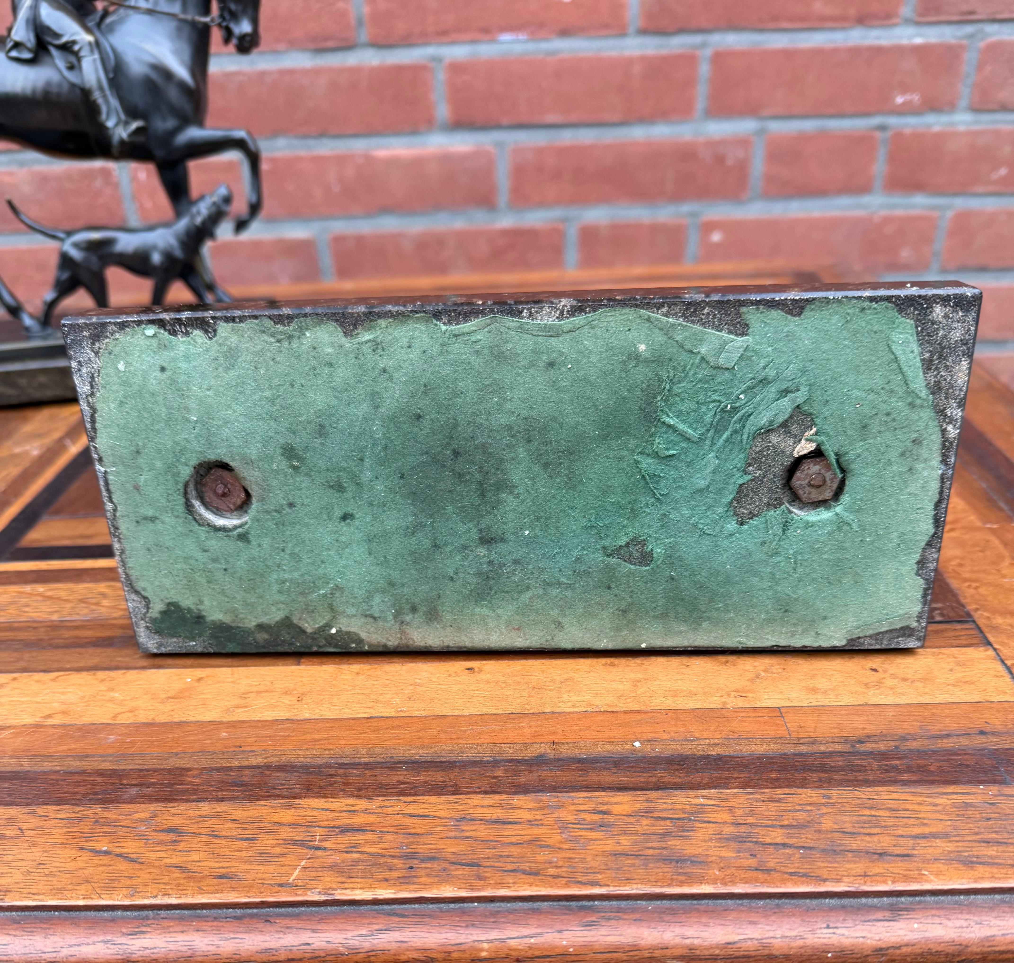 Pair Antique Bronzed Equestrian Sculptures, Marble Bases, Jockey & Rider w Hound im Angebot 9