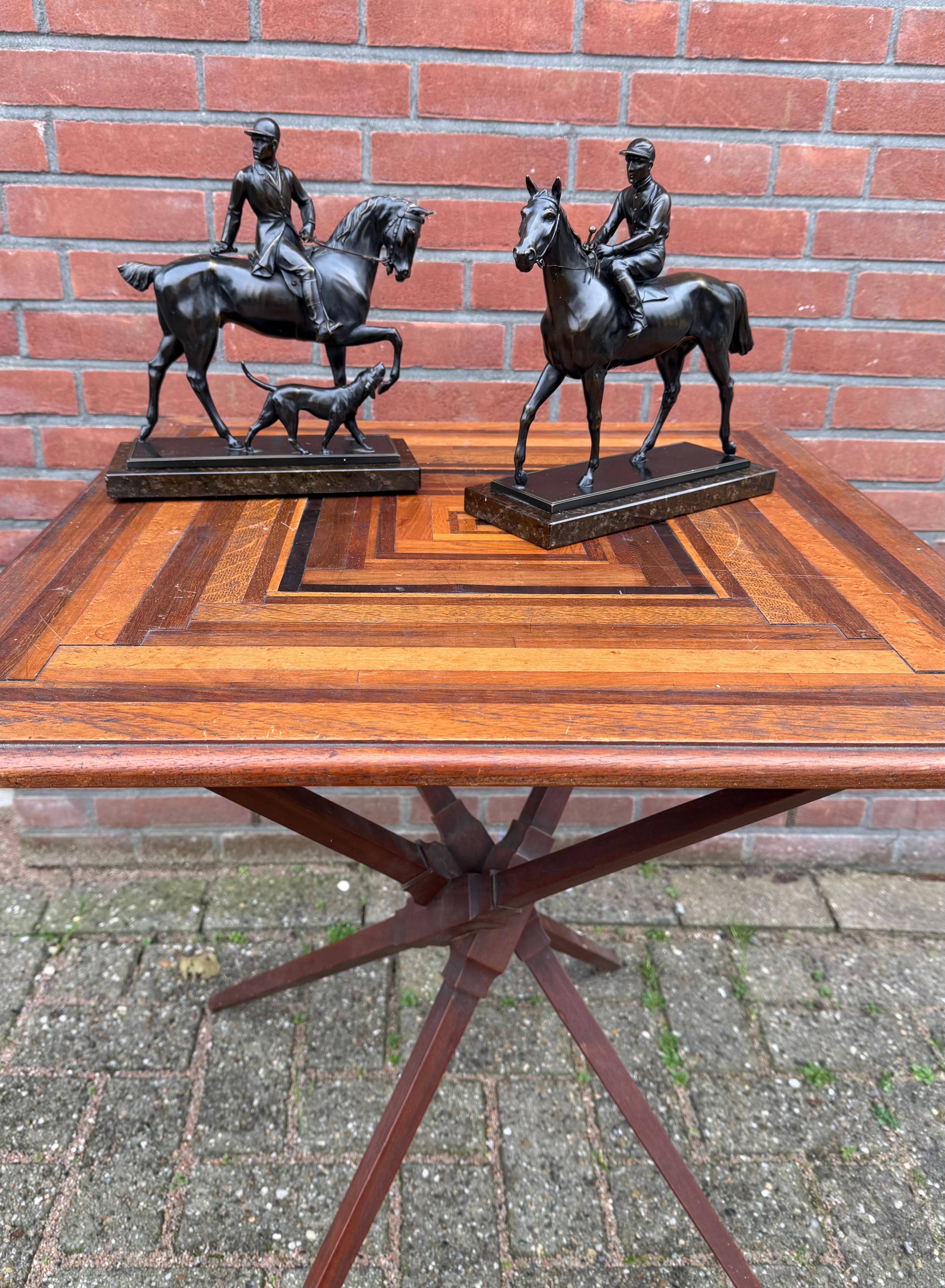 Pair Antique Bronzed Equestrian Sculptures, Marble Bases, Jockey & Rider w Hound im Angebot 11