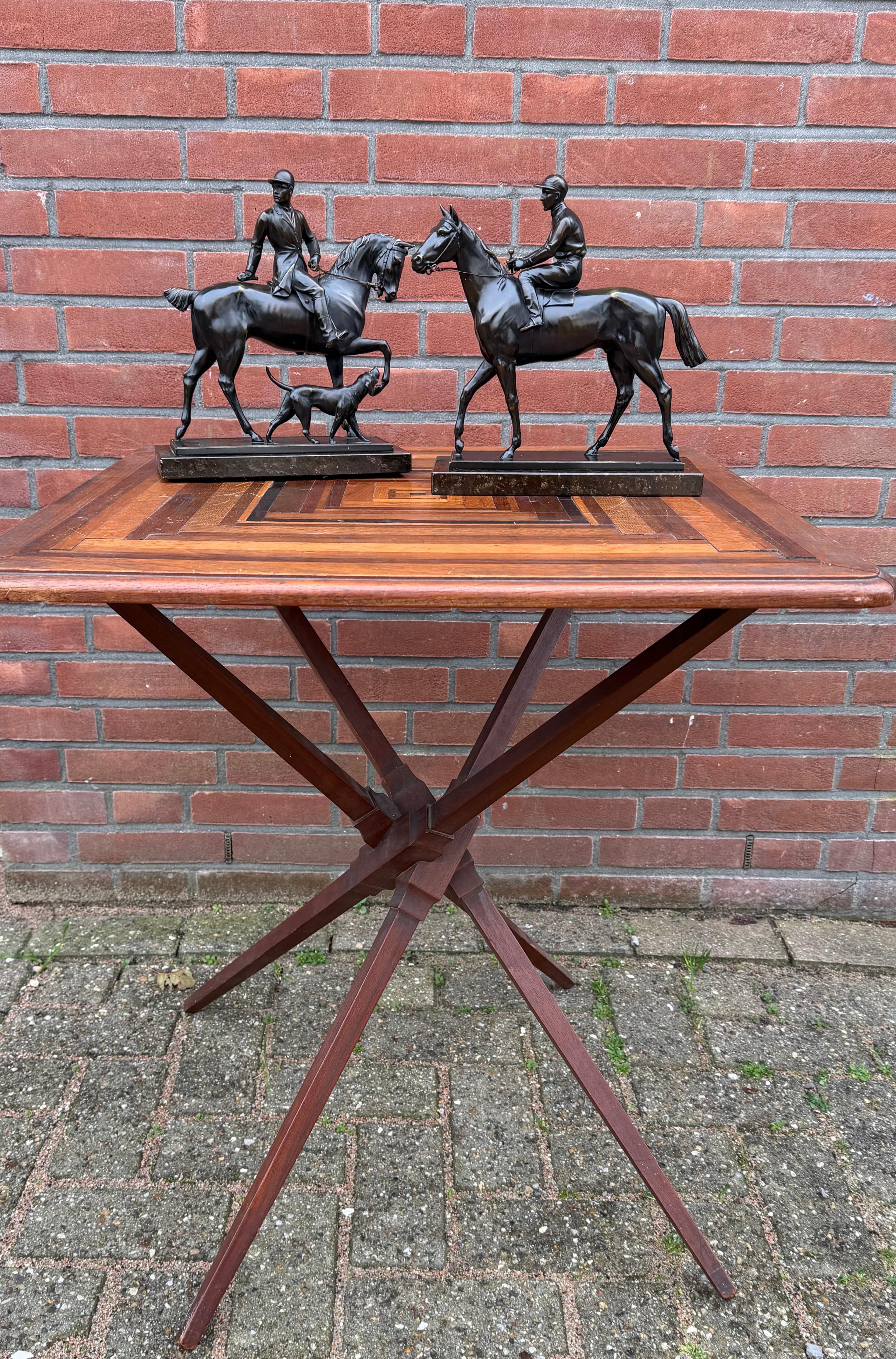Pair Antique Bronzed Equestrian Sculptures, Marble Bases, Jockey & Rider w Hound (Viktorianisch) im Angebot