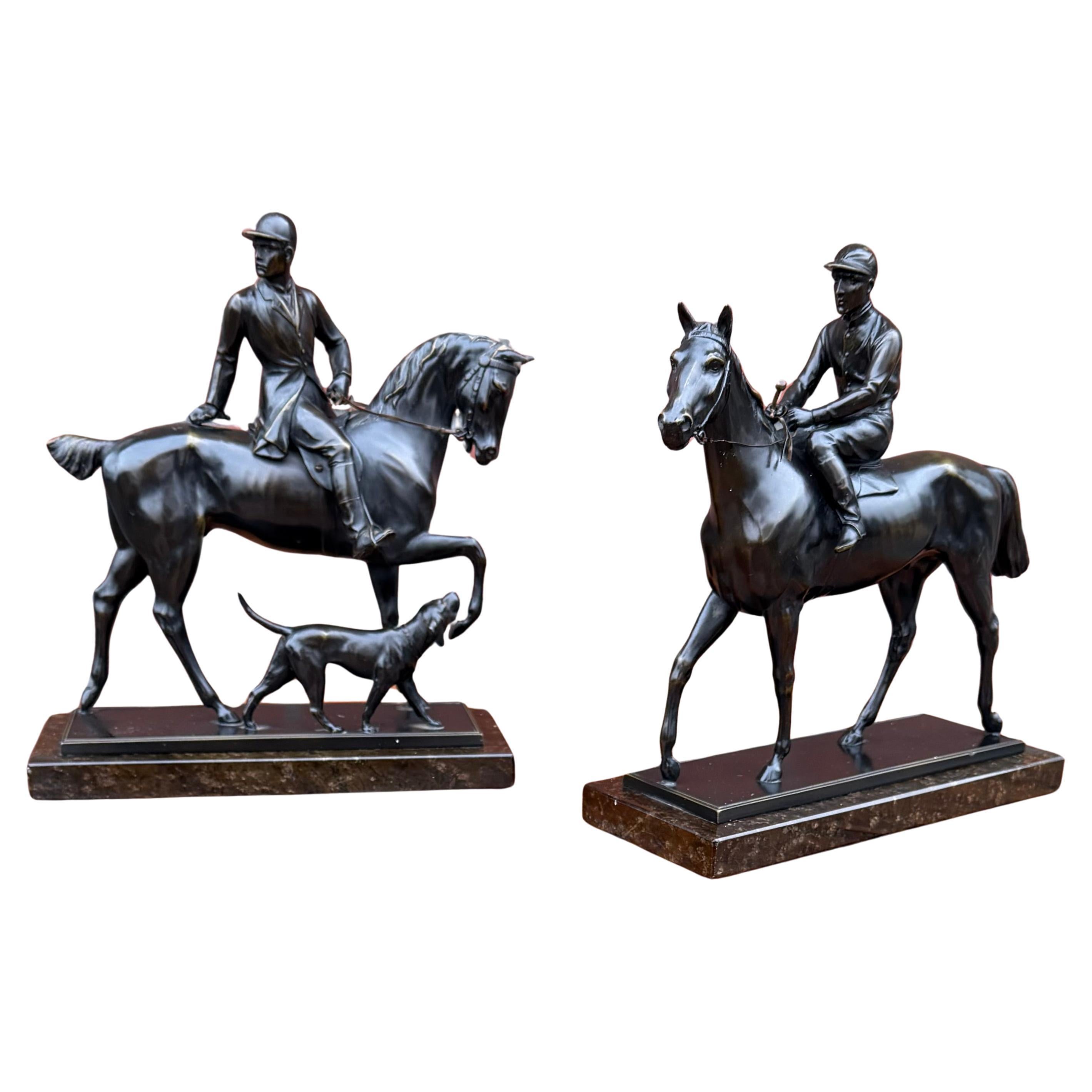 Pair Antique Bronzed Equestrian Sculptures, Marble Bases, Jockey
Rider w Hound