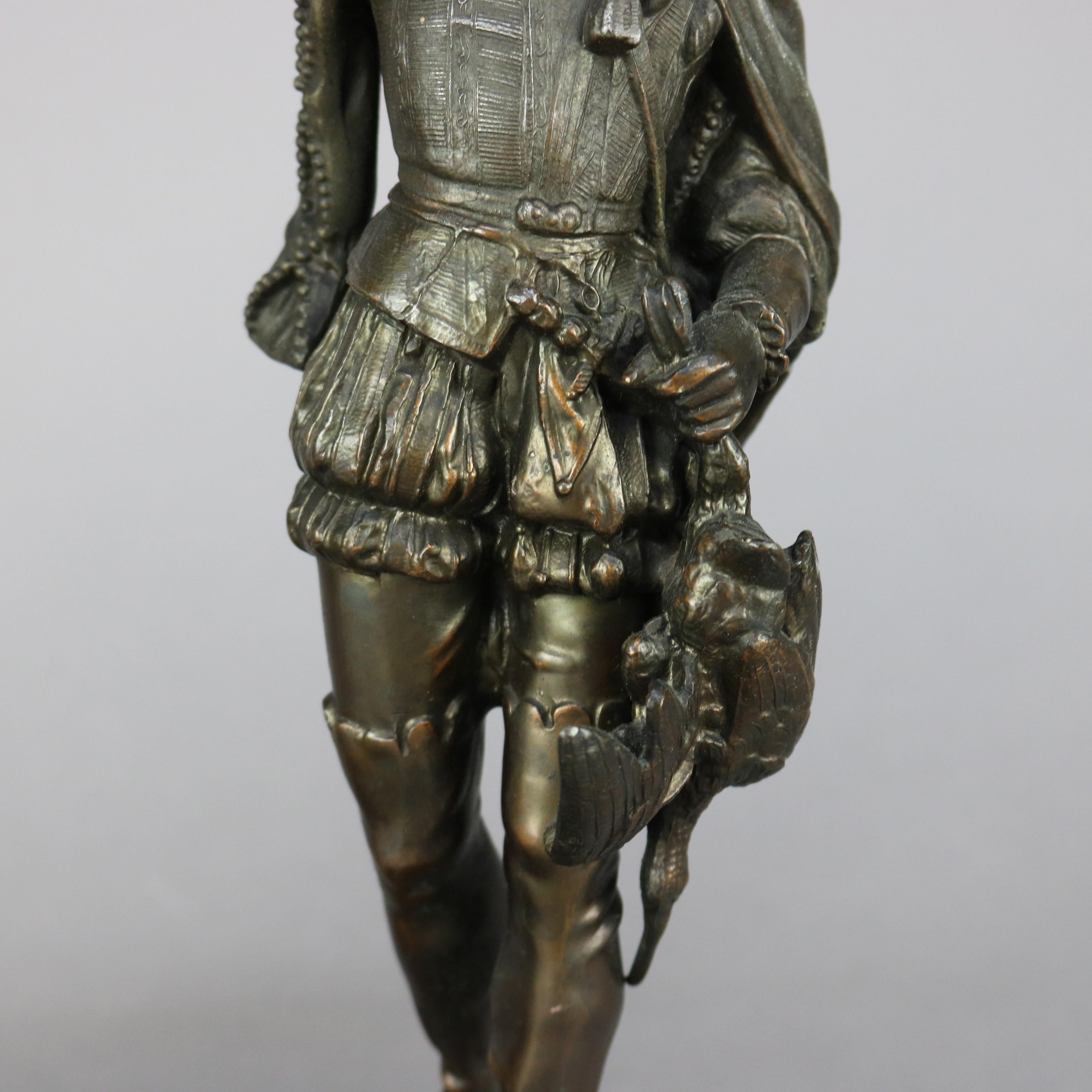 Pair Antique Bronzed Metal Renaissance Statues, Falconer & The Hunt, c1890 4