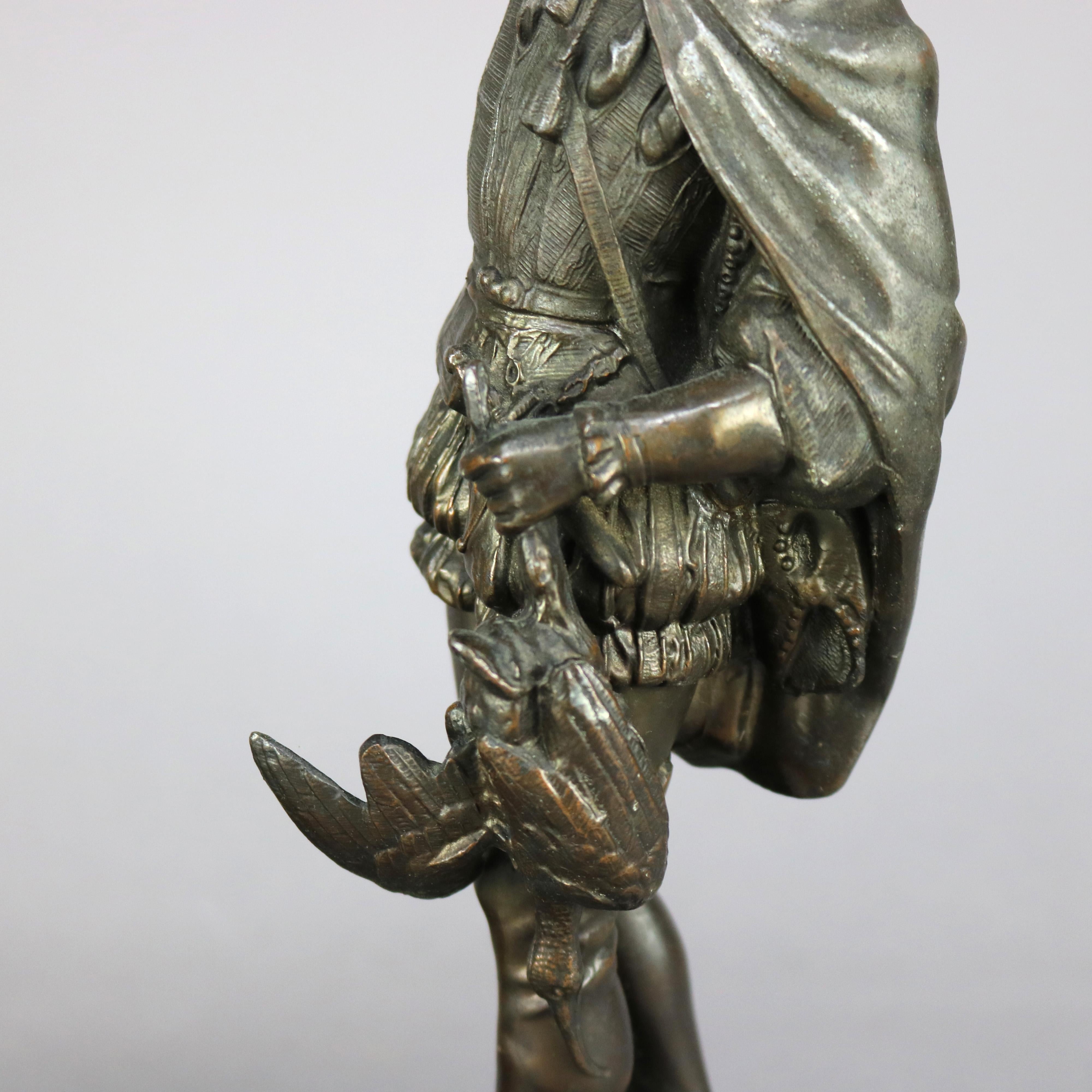Pair Antique Bronzed Metal Renaissance Statues, Falconer & The Hunt, c1890 5