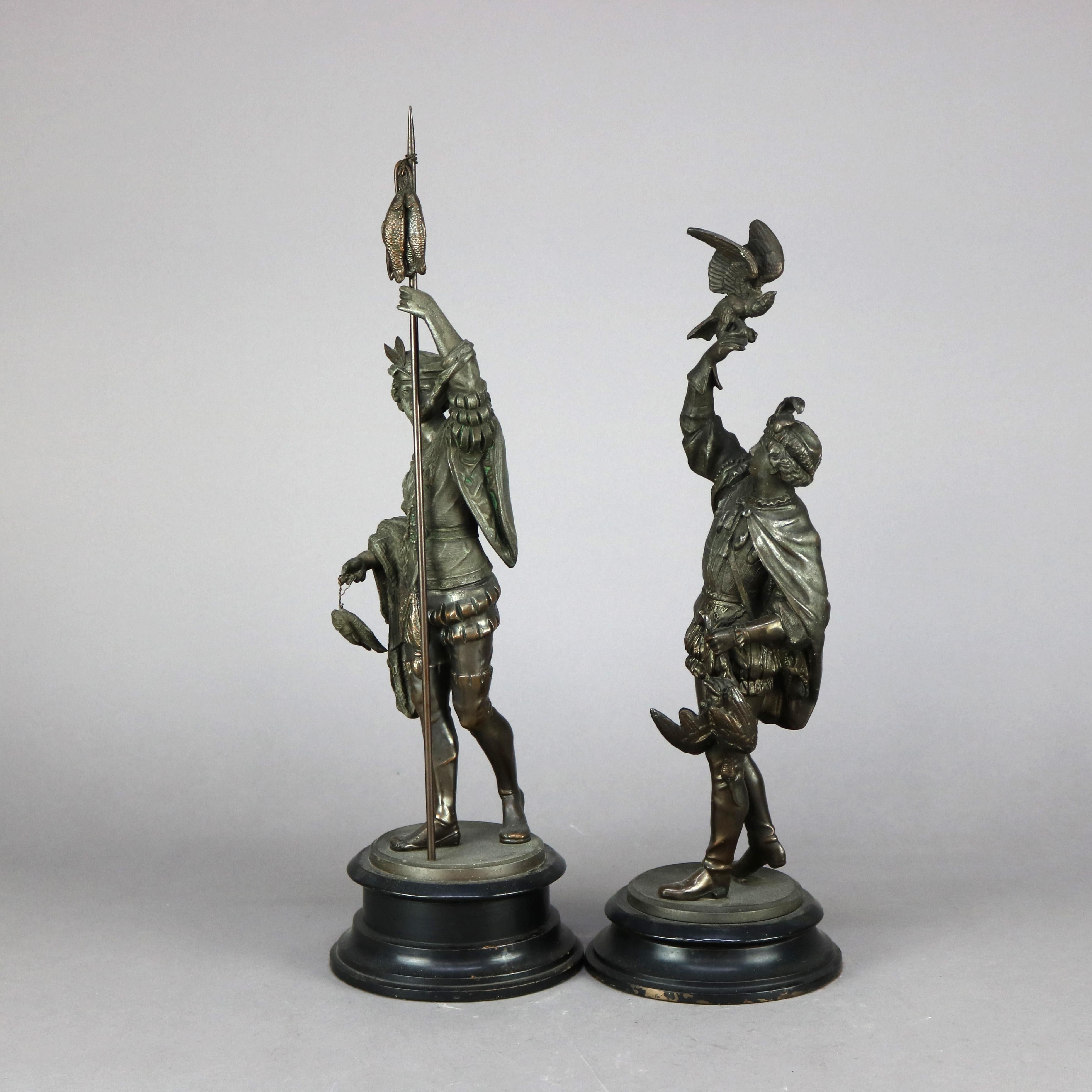 Pair Antique Bronzed Metal Renaissance Statues, Falconer & The Hunt, c1890 7