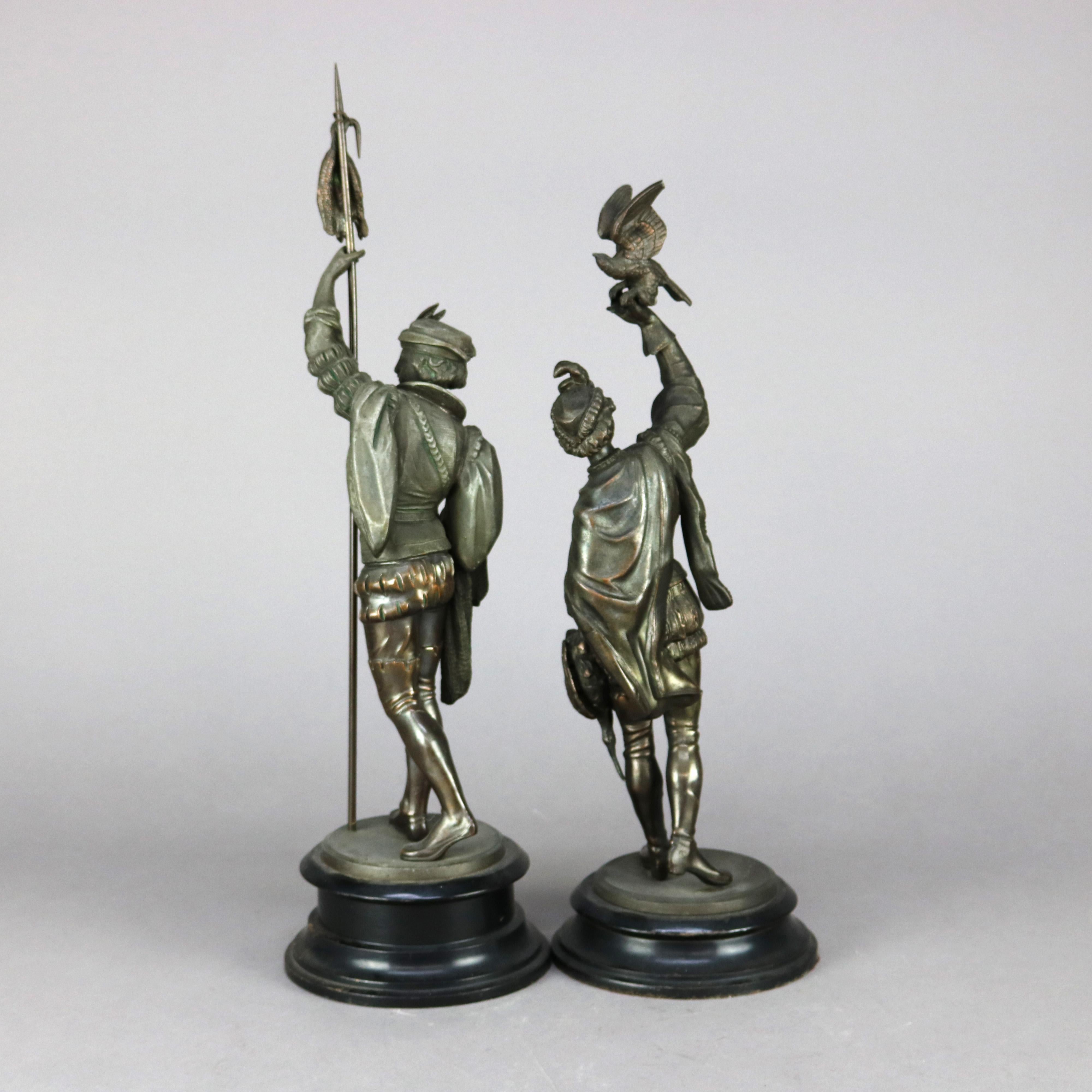 Pair Antique Bronzed Metal Renaissance Statues, Falconer & The Hunt, c1890 8