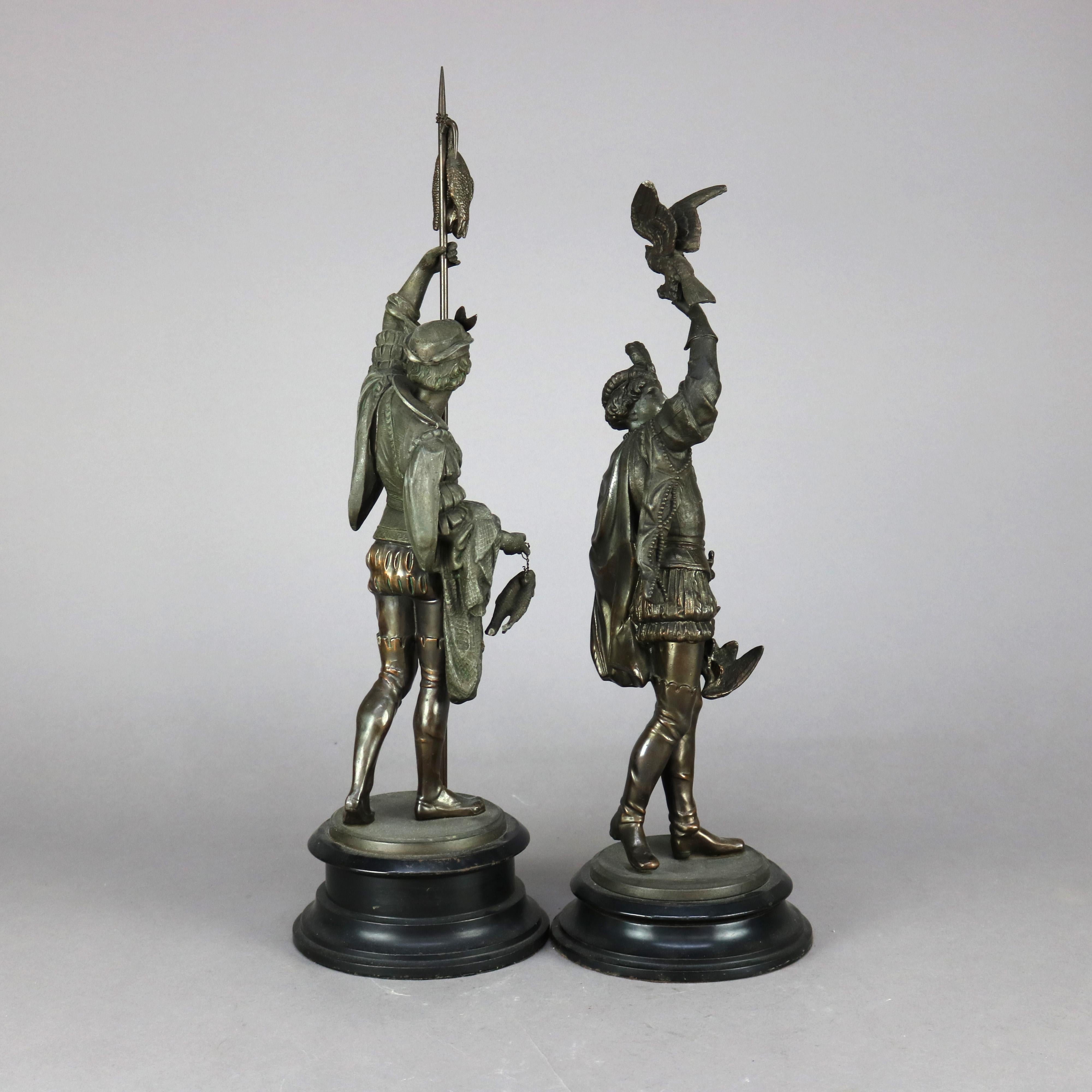 Pair Antique Bronzed Metal Renaissance Statues, Falconer & The Hunt, c1890 11