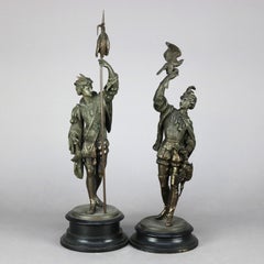 Pair Antique Bronzed Metal Renaissance Statues, Falconer & The Hunt, c1890