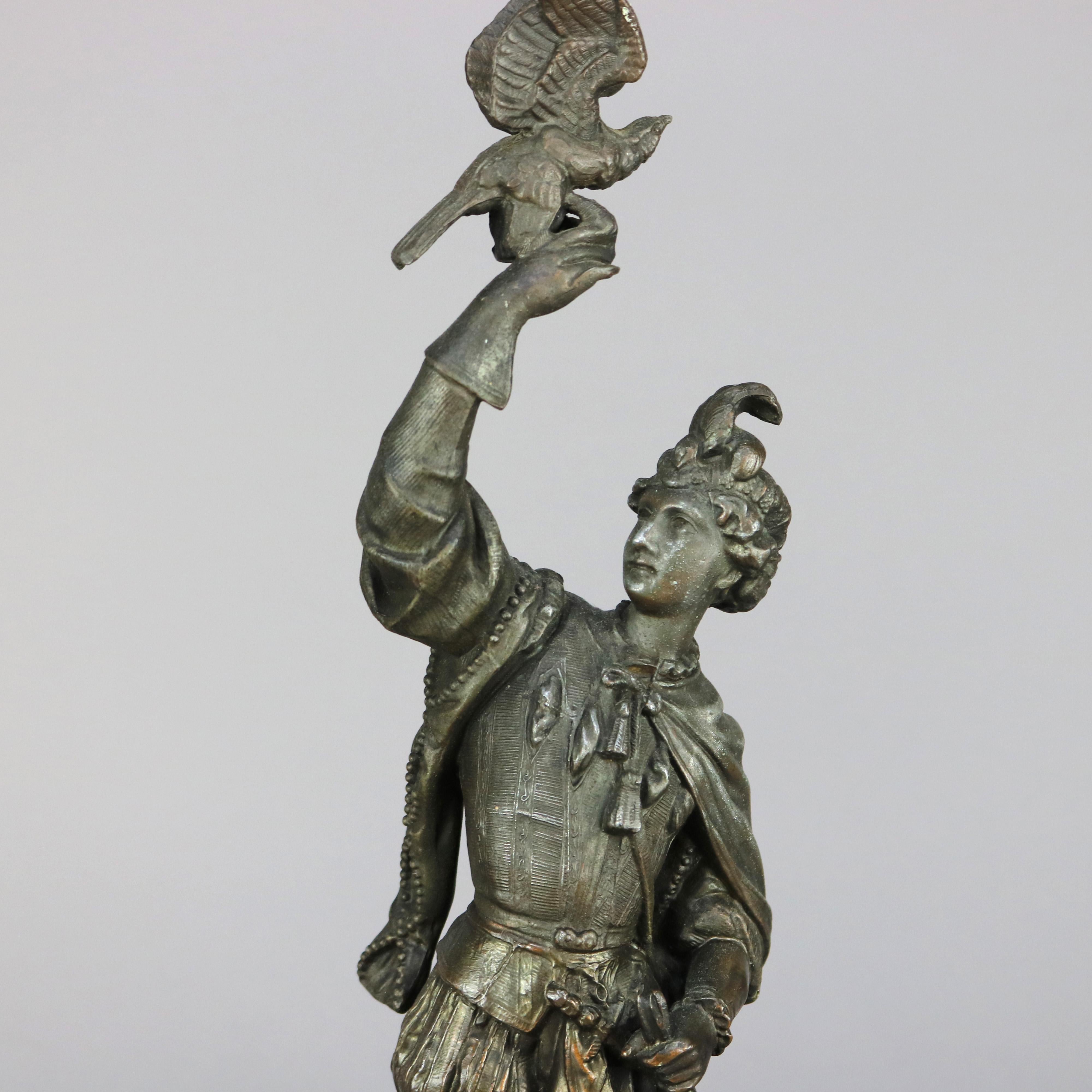 European Pair Antique Bronzed Metal Renaissance Statues, Falconer & The Hunt, c1890