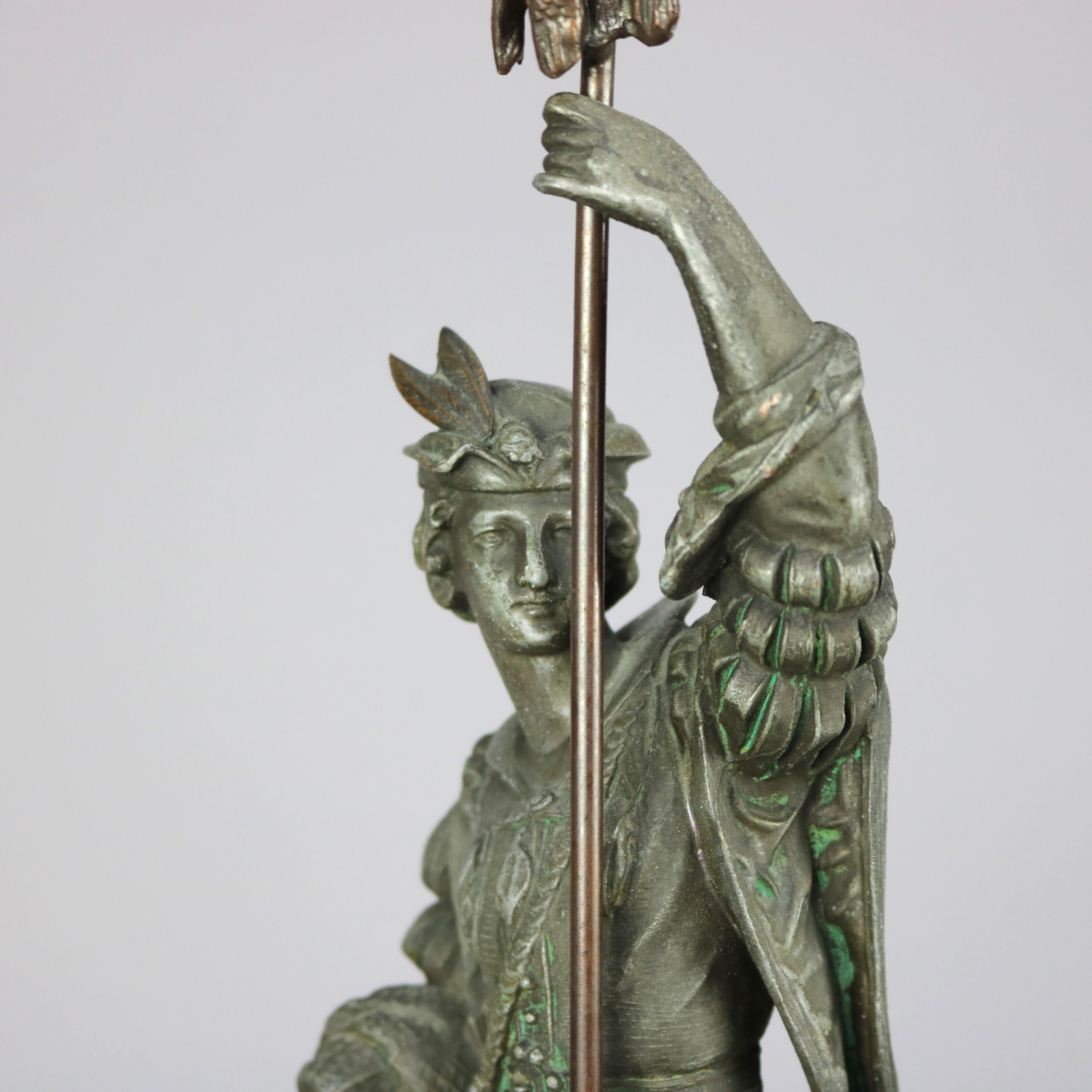 Cast Pair Antique Bronzed Metal Renaissance Statues, Falconer & The Hunt, c1890