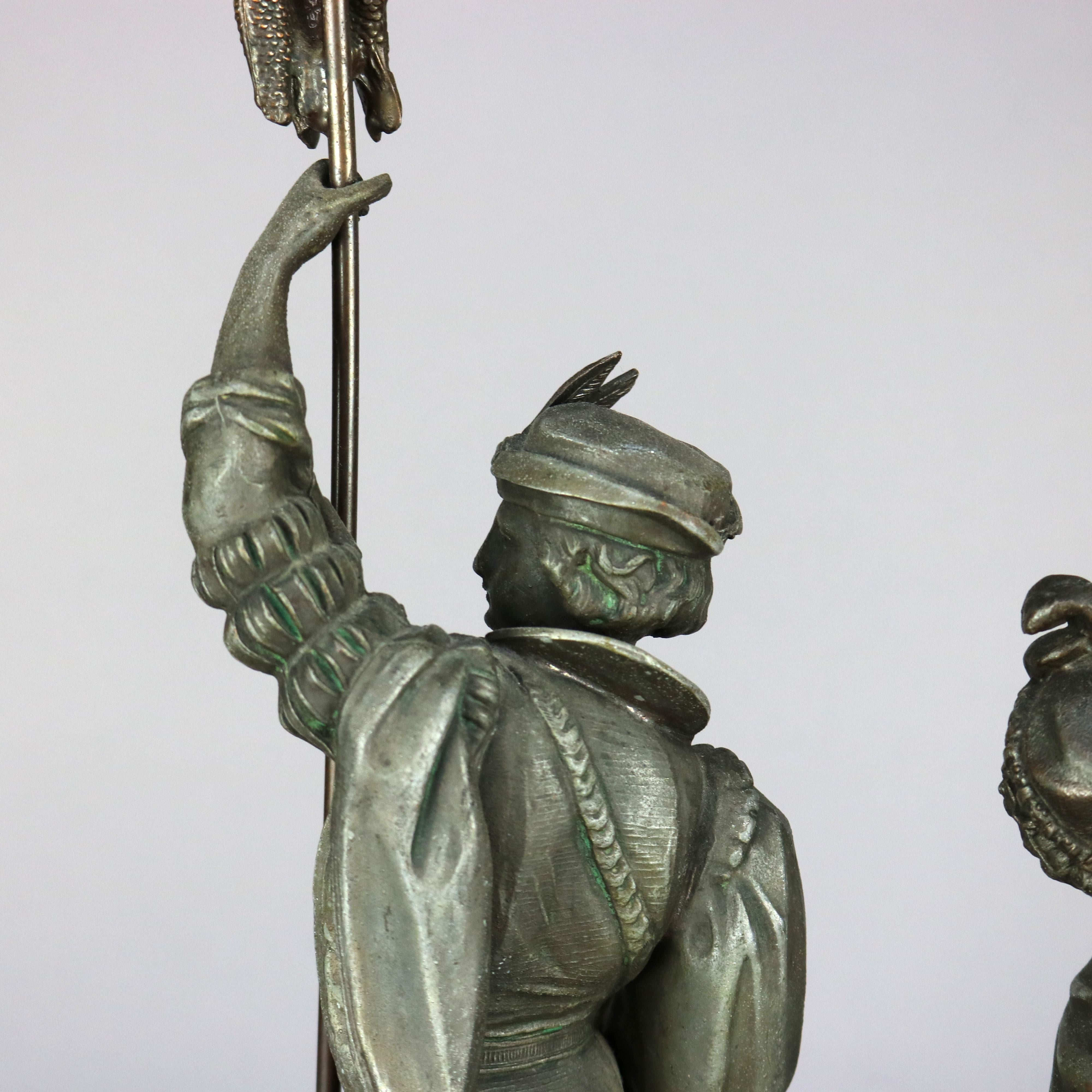 Pair Antique Bronzed Metal Renaissance Statues, Falconer & The Hunt, c1890 1