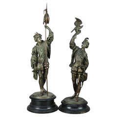 Pair Antique Bronzed Metal Renaissance Statues, Falconer & The Hunt, c1890