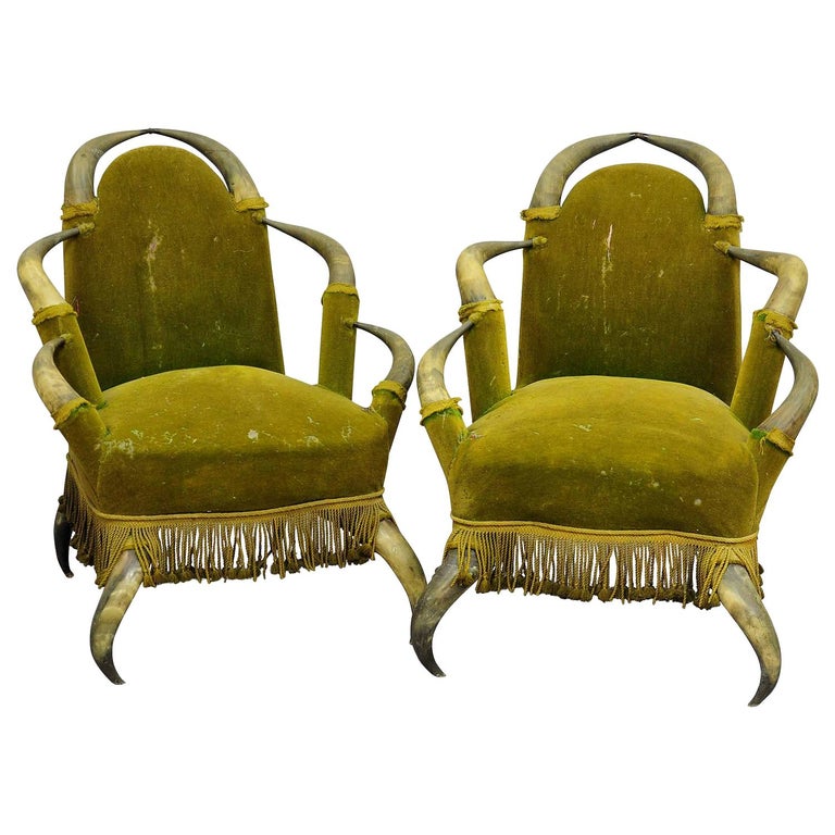 Pair Antique Bull Horn Chairs Austria, 1870 For Sale