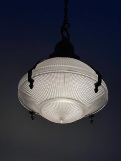 Pair Antique Caged Holophane Prismatic Glass Ceiling Pendants Lights Light Lamp