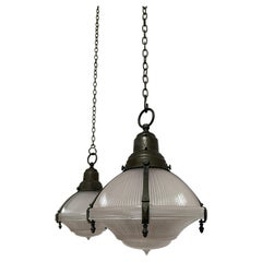 Pair Antique Caged Holophane Prismatic Glass Ceiling Pendants Lights Light Lamp